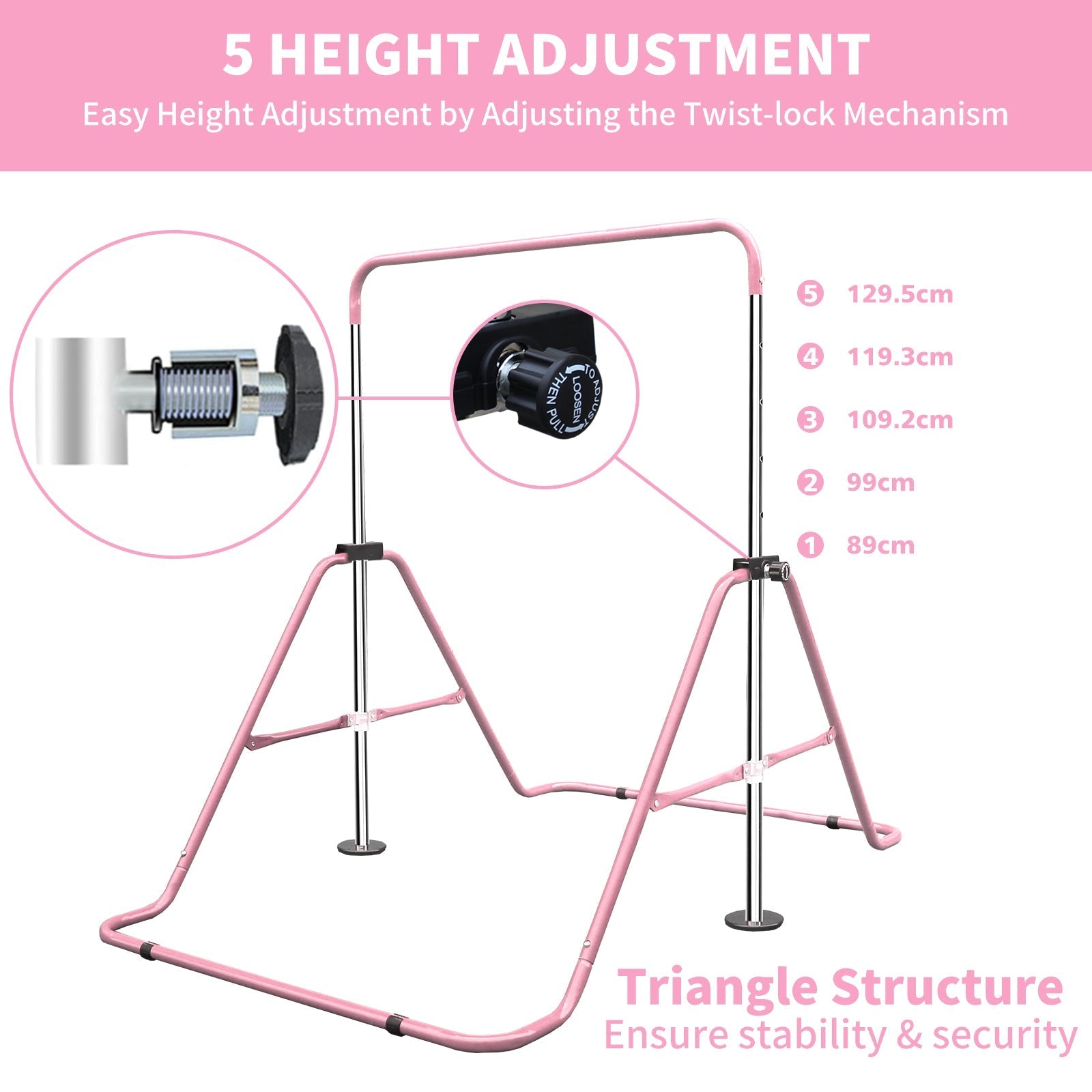 Expandable Gymnastics Bar - Height Adjustable Junior Training, Folding - Pink