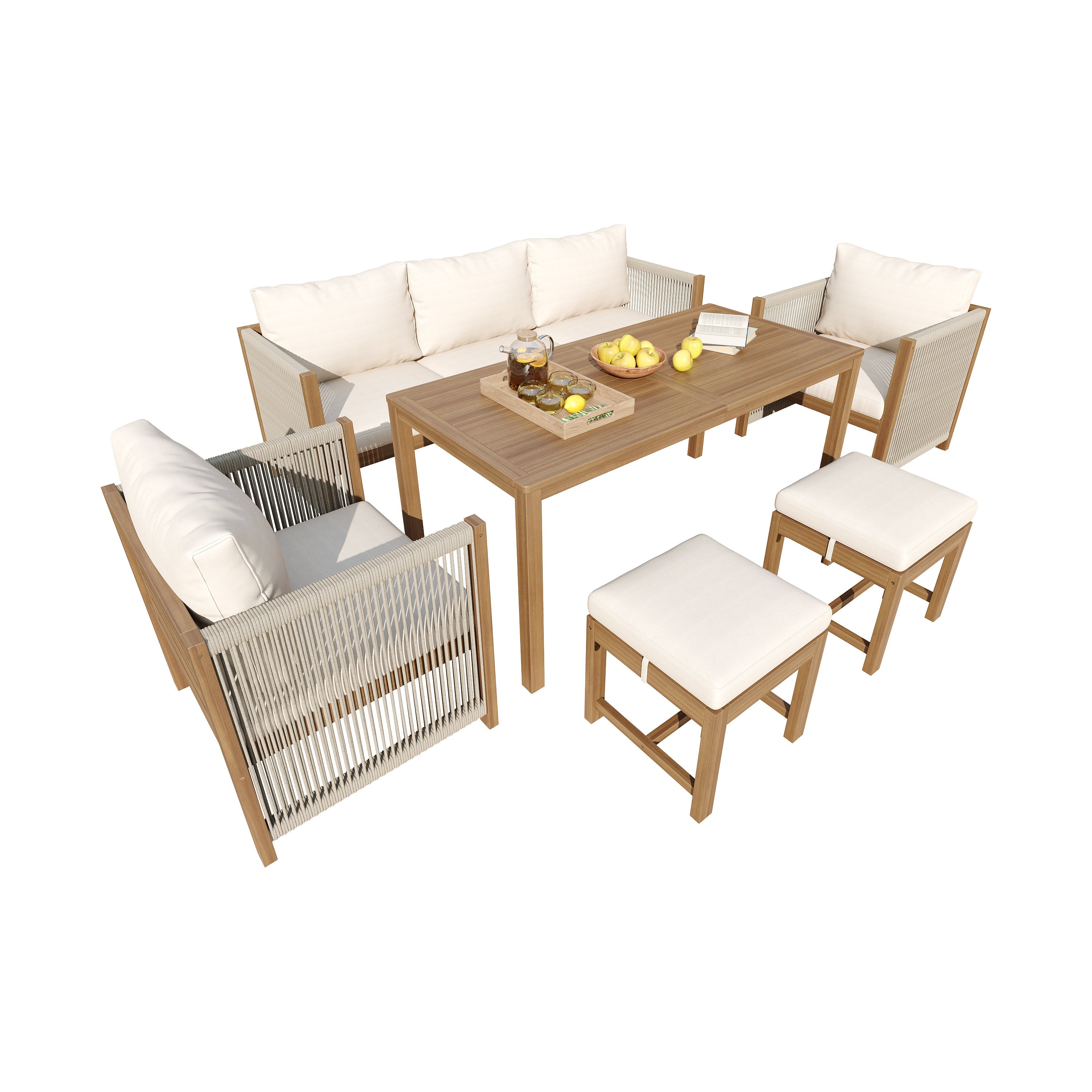 Garden Furniture Set, 6-Piece Modular Sectional with 3-Seater Sofa, 2 Chairs, 2 Stools and Acacia Table, Beige