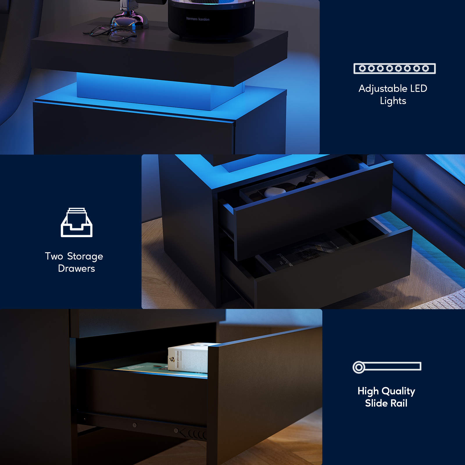 Nightstand LED Bedside Table Cabinet Lights Modern End Side with 2 Drawers for Bedroom (Black)
