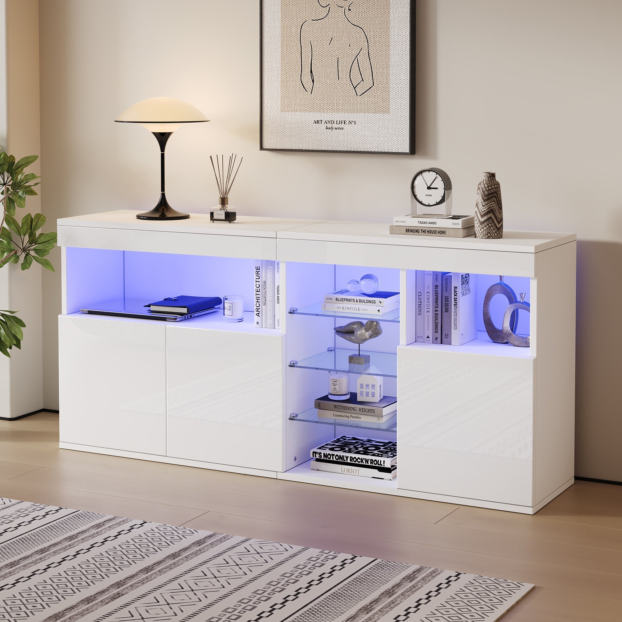 High-Gloss Cabinet 155.5cm LED 3 Doors Glass Partitions - White