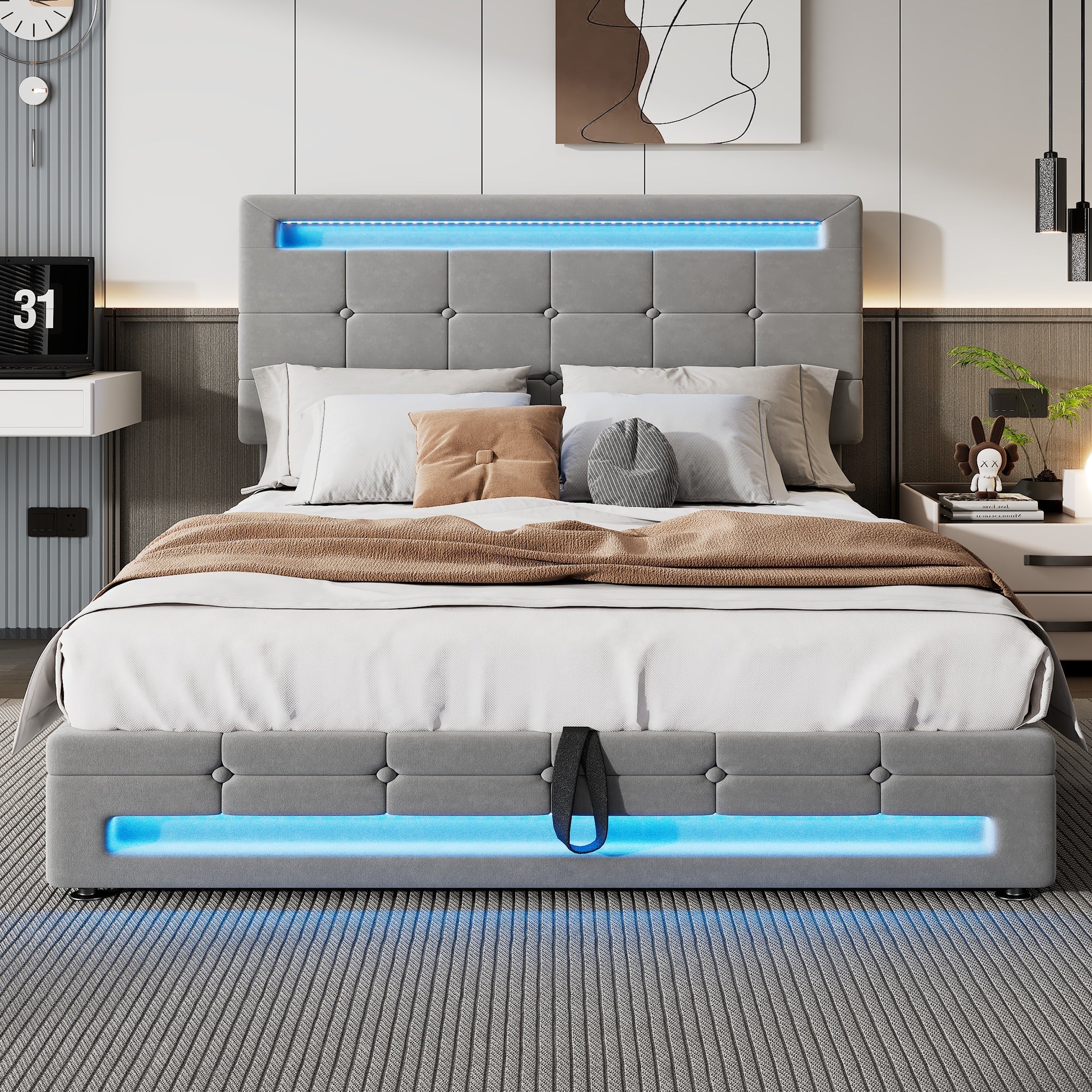 Upholstered Hydraulic Bed, 4ft6 Double 135x190cm with Square Embellishment and 7-Color LED Strips, Grey Velvet+Iron