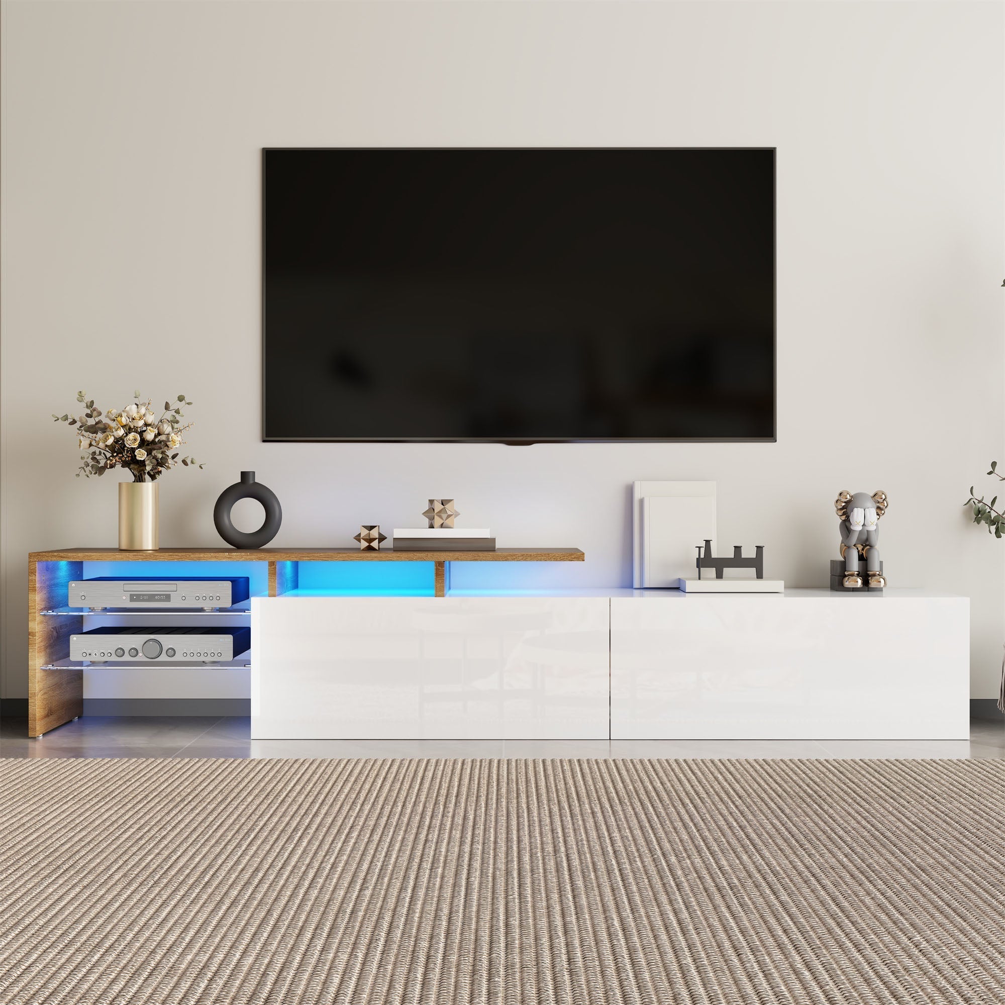 TV Cabinet with Glass Shelves and LED Lighting, High-Gloss White and Wood Look