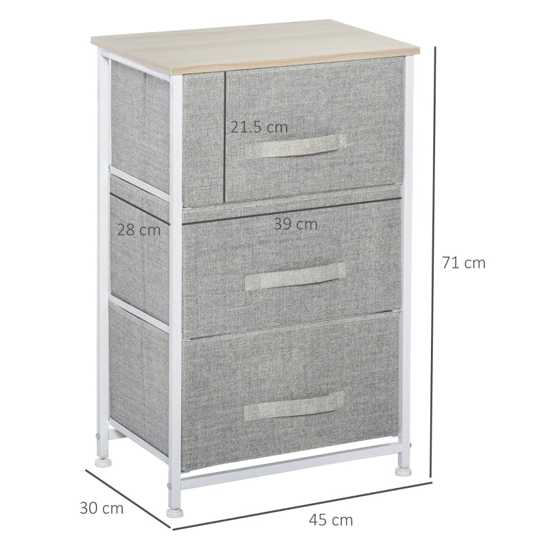 Vertical 3-Tier Linen Drawer Dresser Tower Organizer, Metal Frame Adjustable Feet, White, Oak and Light Grey