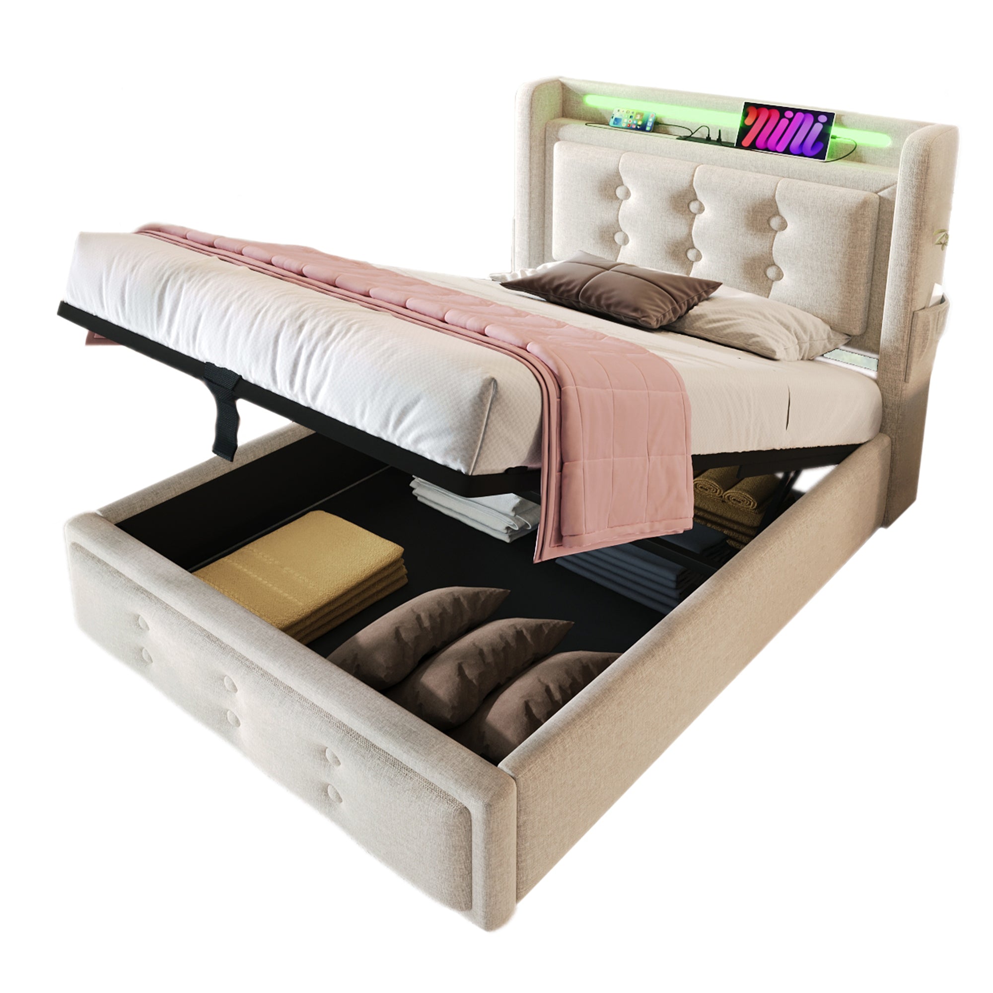 Upholstered Bed 90x200 Single LED Headboard USB-C Hydraulic Storage, Beige Cotton