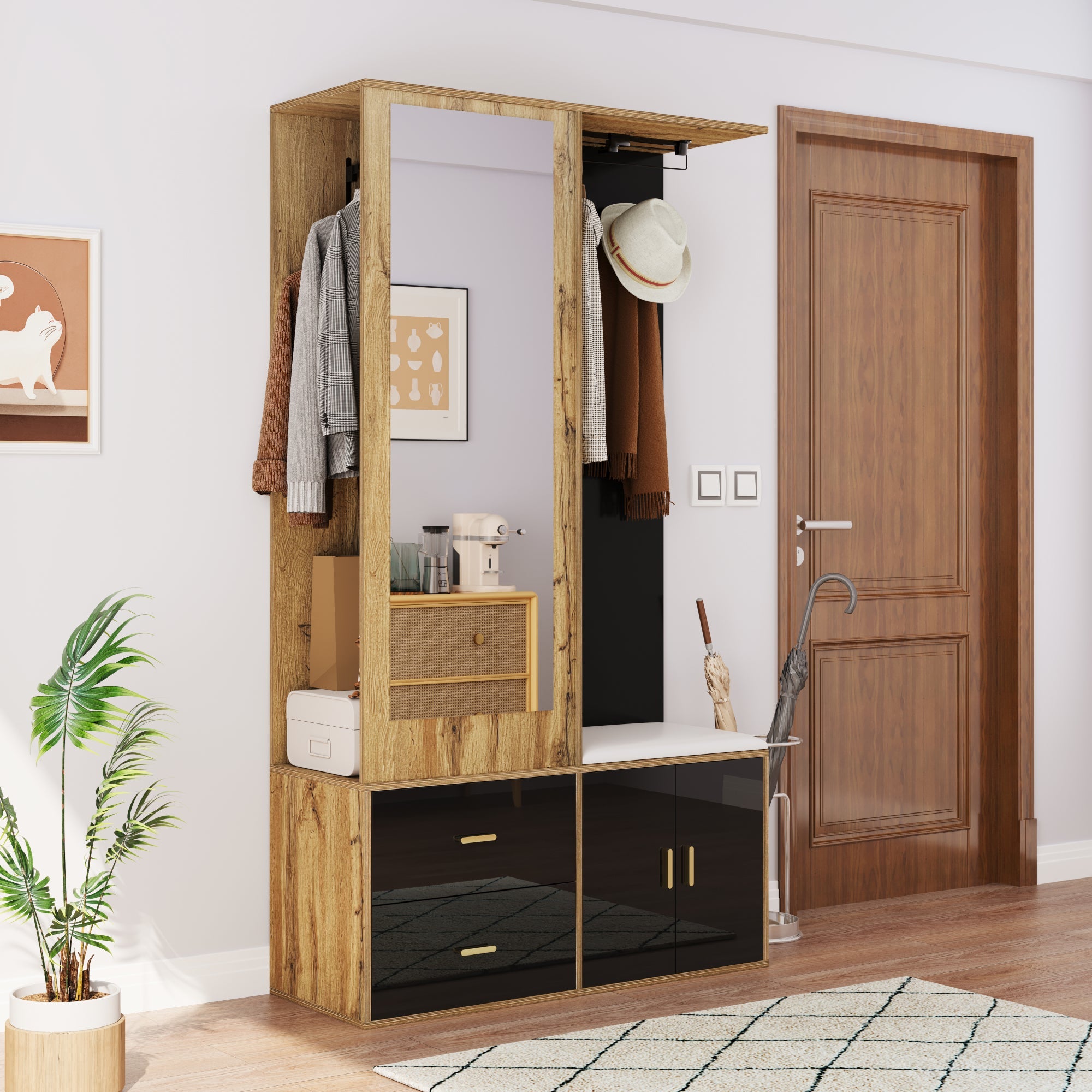 Wardrobe Set with Mirror, Shoe Cabinet & Bench, Black and Wood