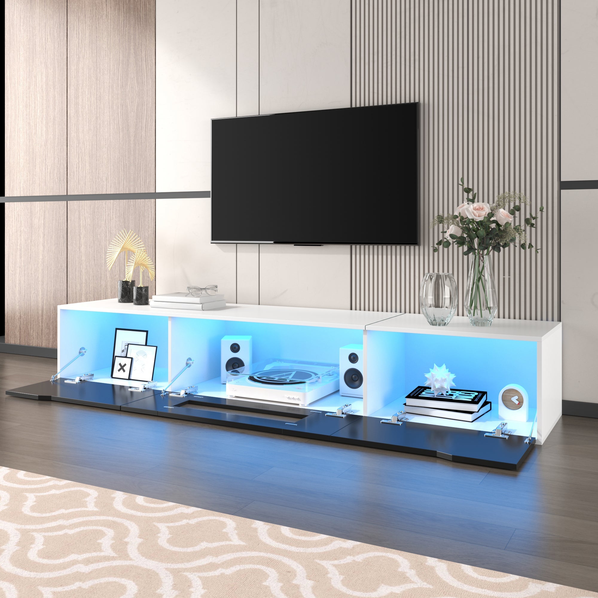 TV Cabinet, high-gloss with LED lighting, black and white