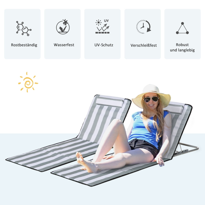 Folding Sun Lounger Adjustable Backrest Headrest Carrying Bag - Light Grey