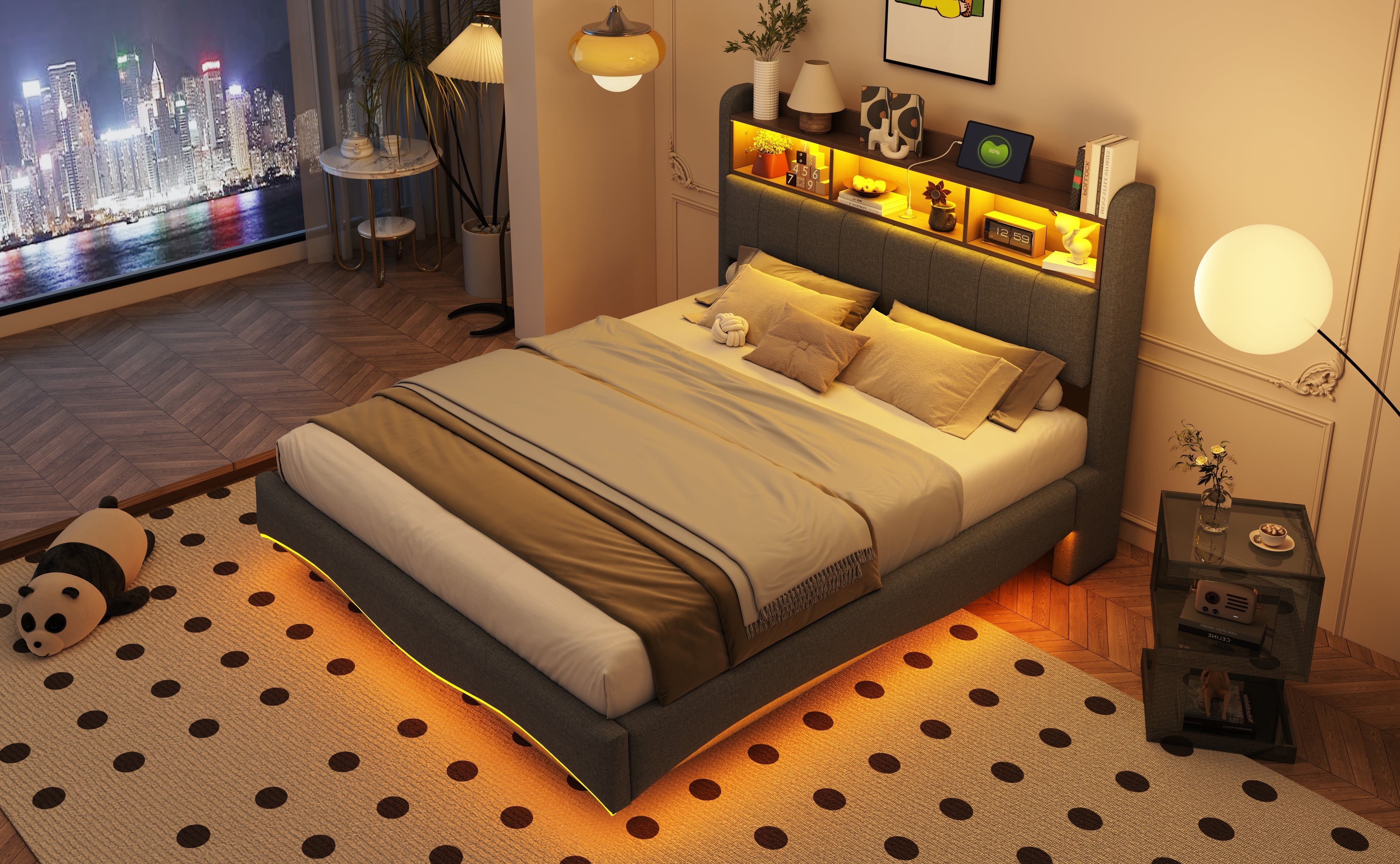 Upholstered Bed, 140*200, LED Light, USB/Type-C, Linen Fabric Gray