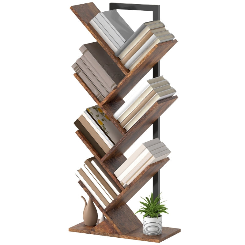 Bookshelf Standing Shelf 7 Levels Narrow Tree Shape Office Rustic Brown