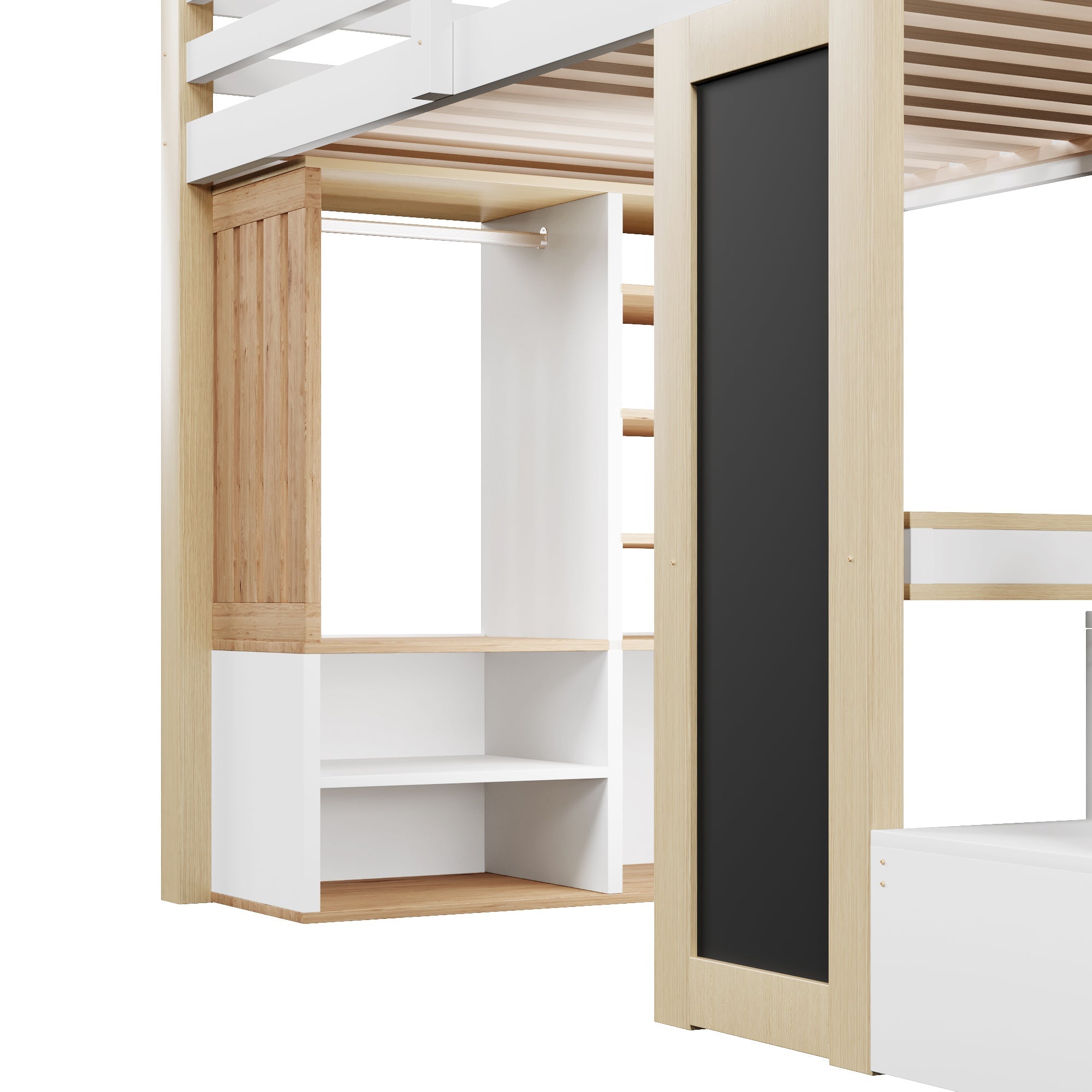 Loft Bed 90x200 with Desk, Wardrobe and LED Lighting, White and Natural