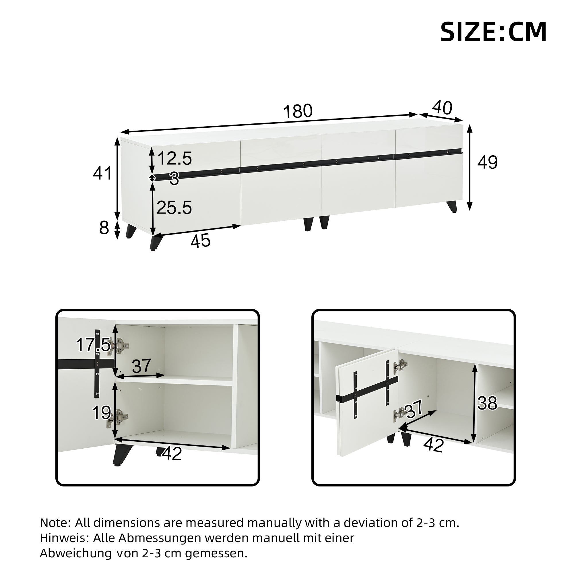 TV Cabinet High-Gloss Lowboard 4 Cabinets Adjustable Dividers 180x40x49cm