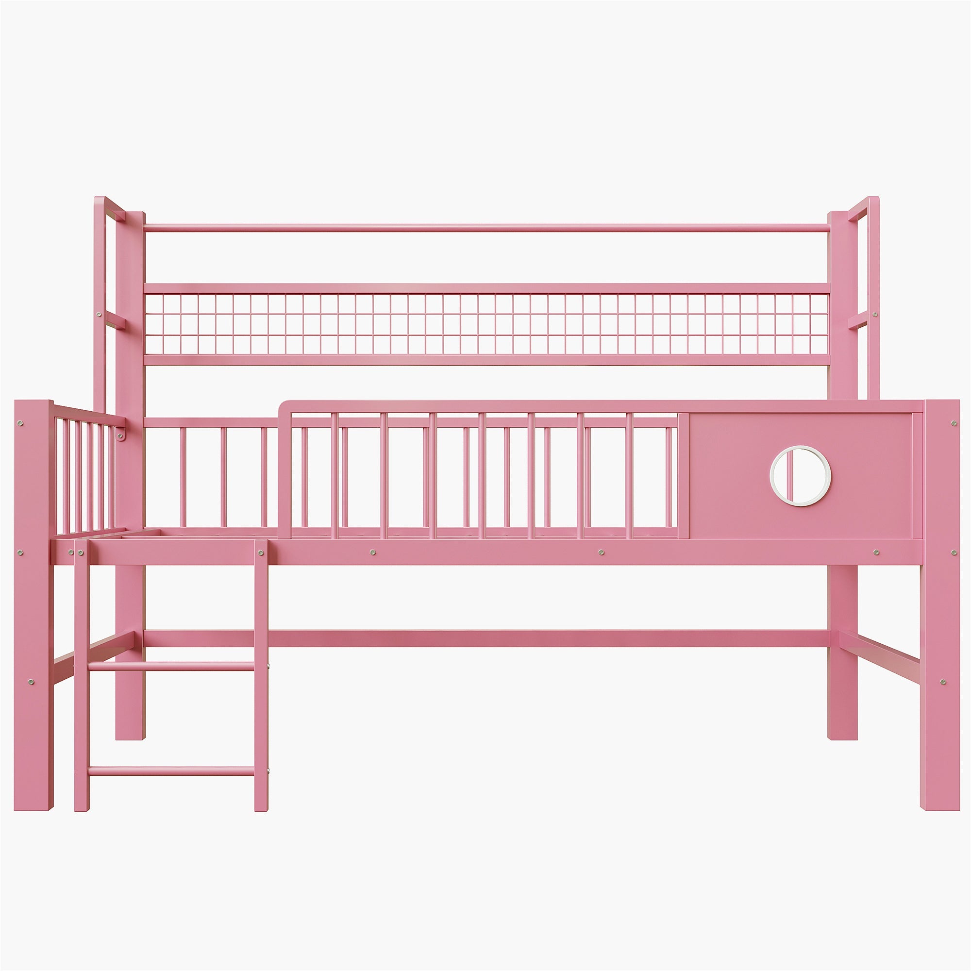 Low Loft Bed with Storage Compartments, 90x200cm, Pink Metal Frame