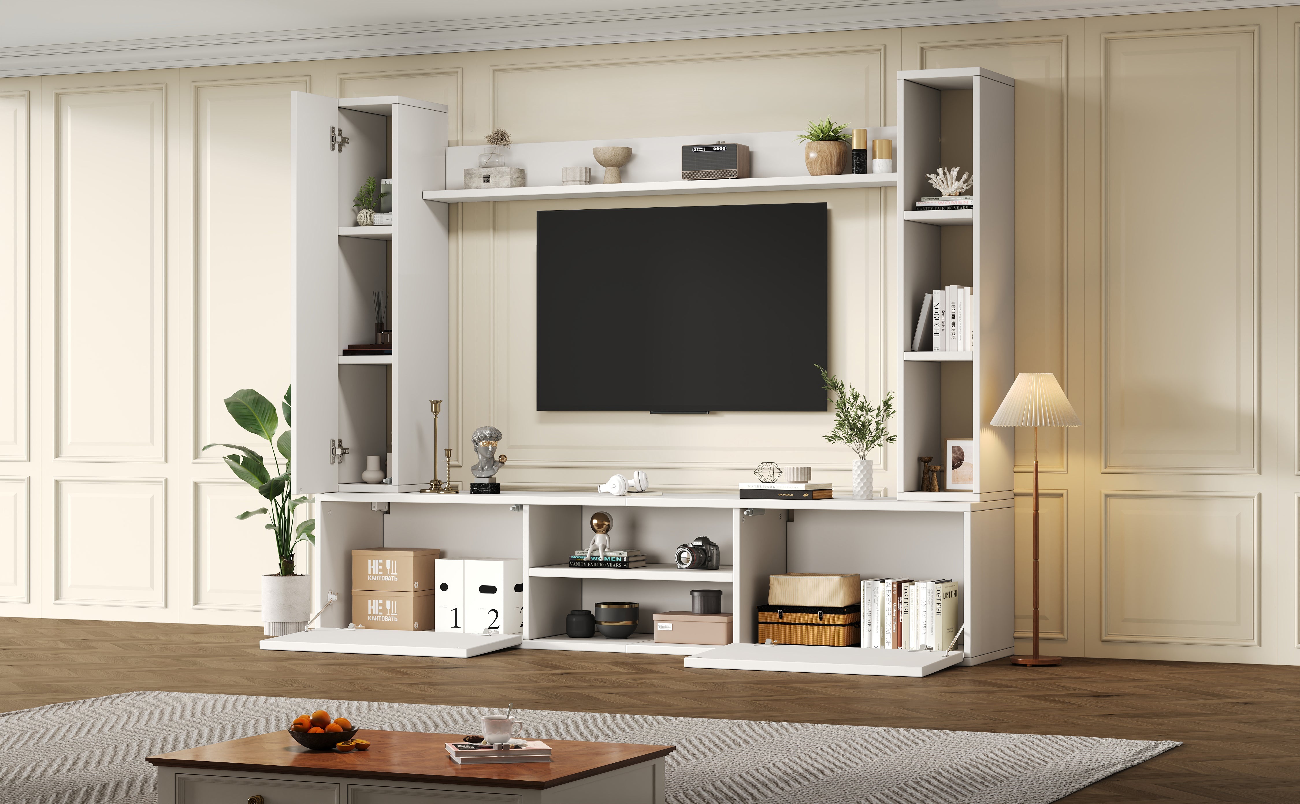 TV Wall Unit Set, 4-Piece Media with Display Cabinets, TV Board, Shelves, White