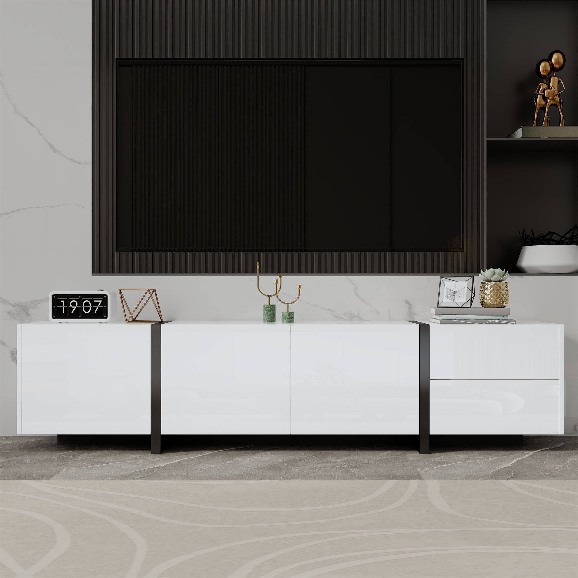 TV Cabinet, Lowboard, High-Gloss White with Black Legs