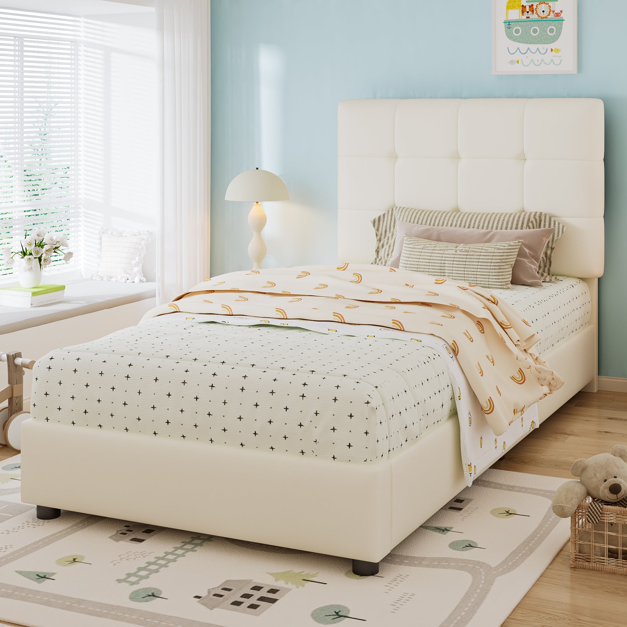 Children's Upholstered Bed 90x200cm Soft Biscuit Headboard with Anti-Collision Edge Beige PU