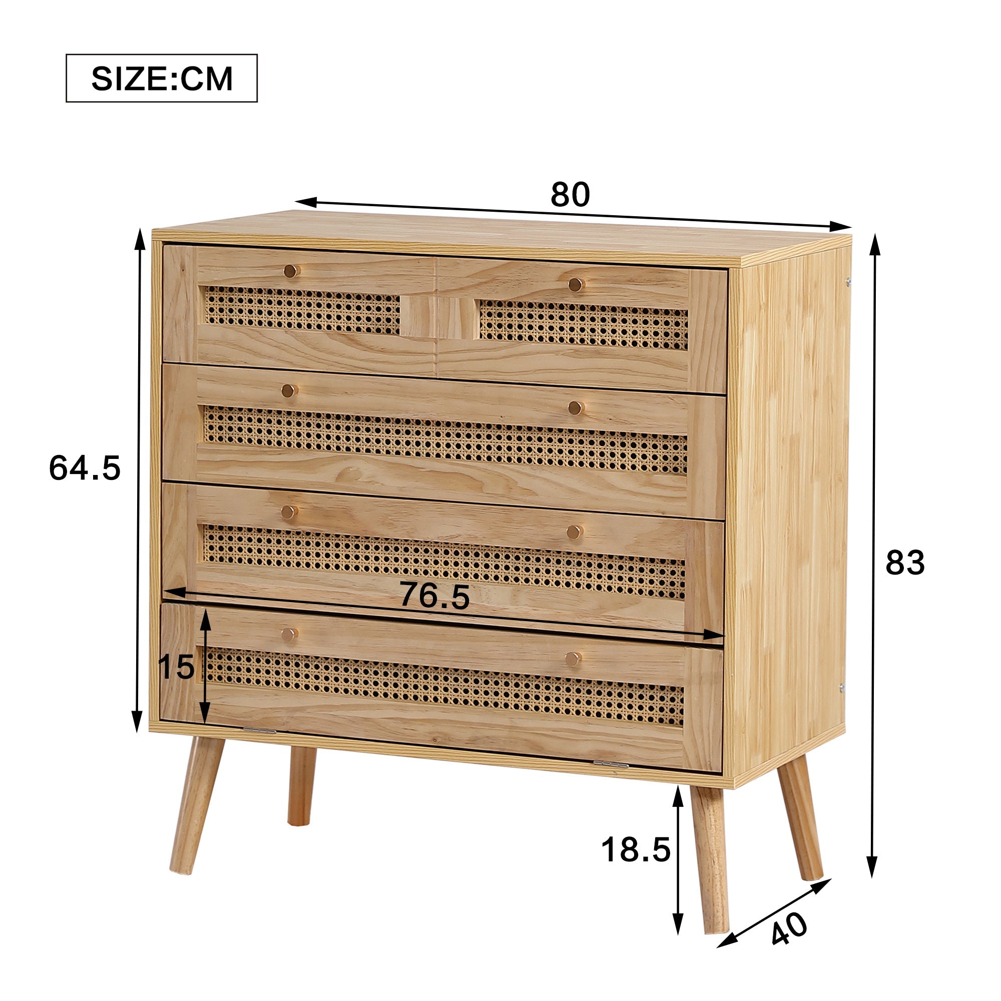 Classic chest of drawers with 3 drawers, rattan drawer top, gold metal handle, wooden legs, chipboard