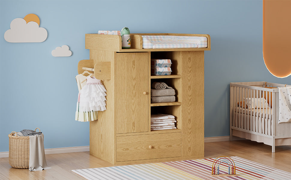 Changing Table with Cabinet, Drawer and Side Storage, Natural Wood Color