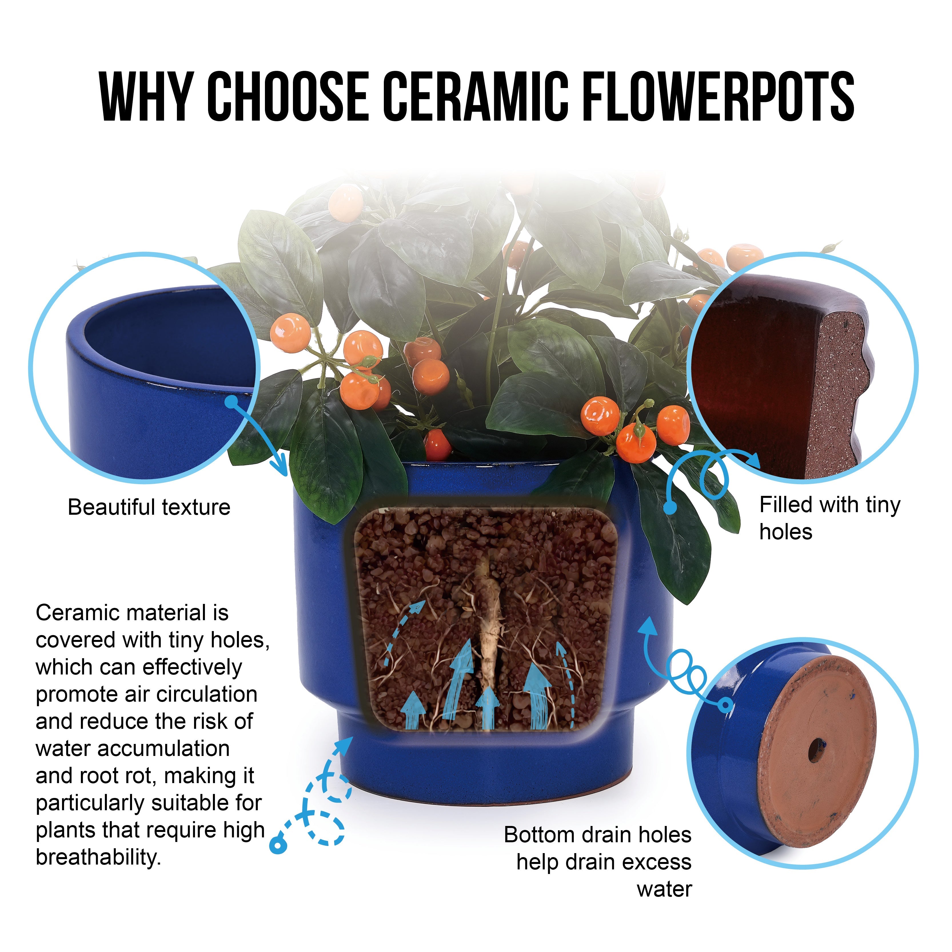 3-Piece Plant Pot Set, Handmade Sizes Ø 38.1/30.5/22.9 cm, Blue Glazed Ceramic