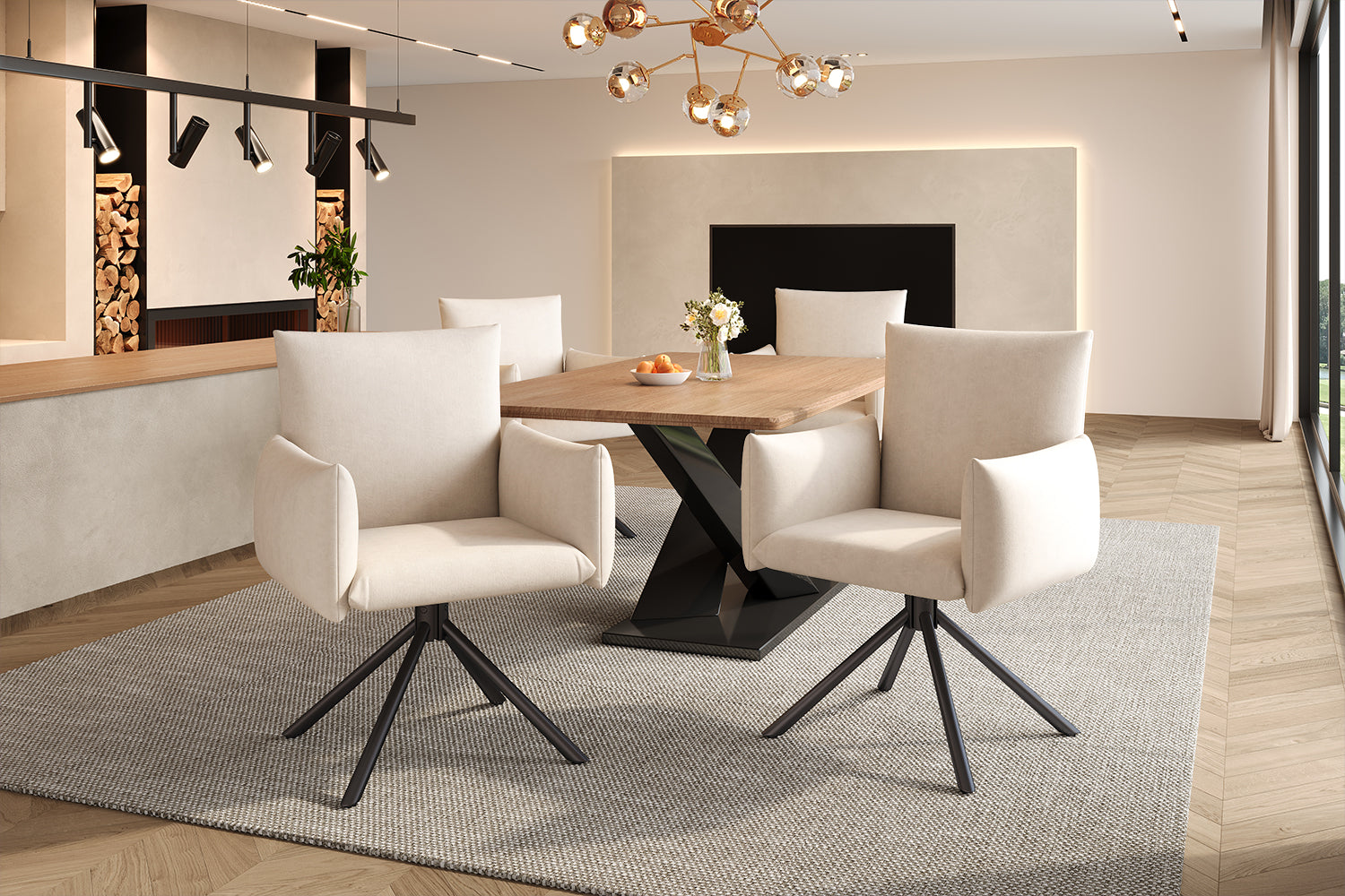 Dining Chairs Set of 4 Upholstered Swivel 360° Lumbar Support - Velvet Beige