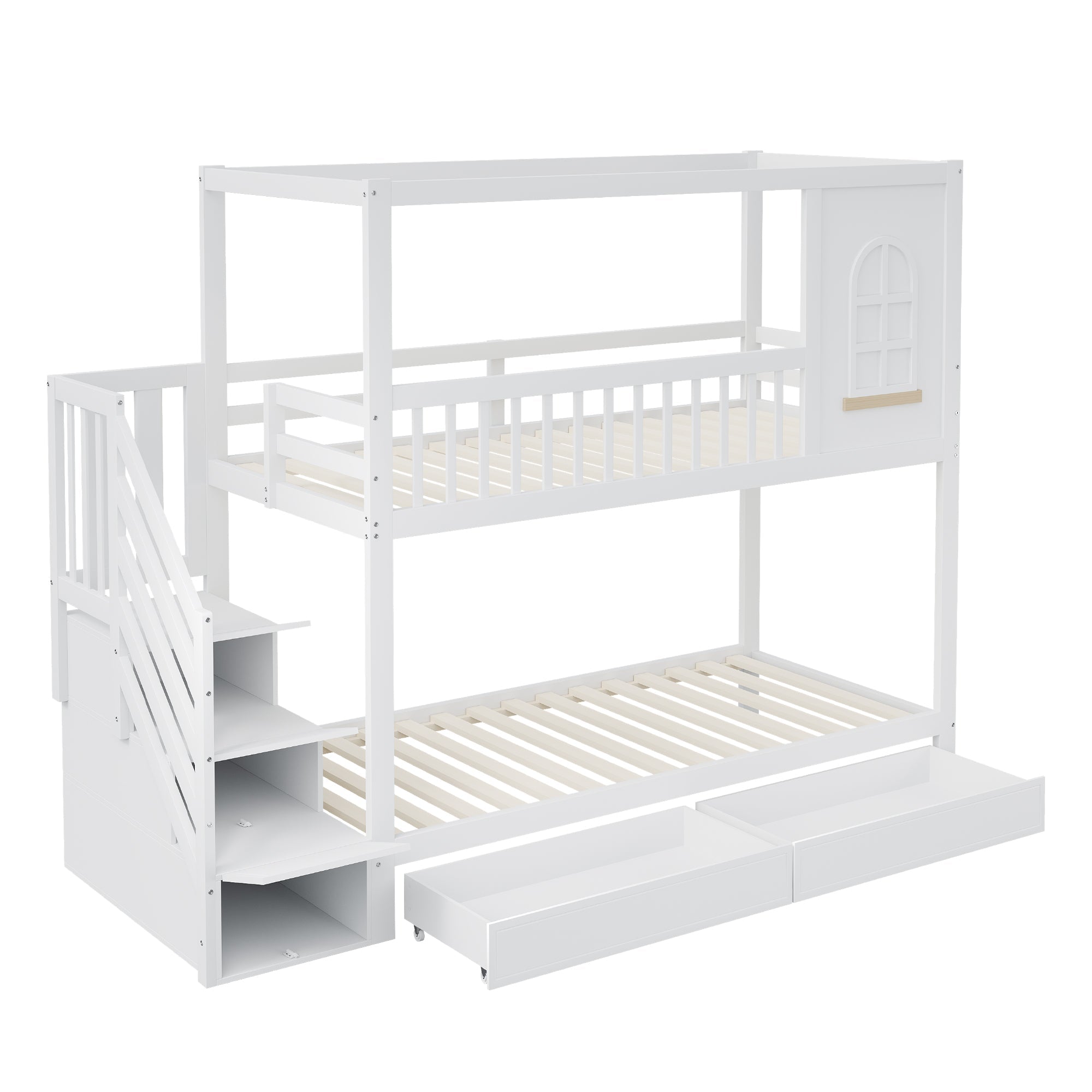 Bunk Bed 90x200cm House Design Drawers Ladder Solid Wood - White