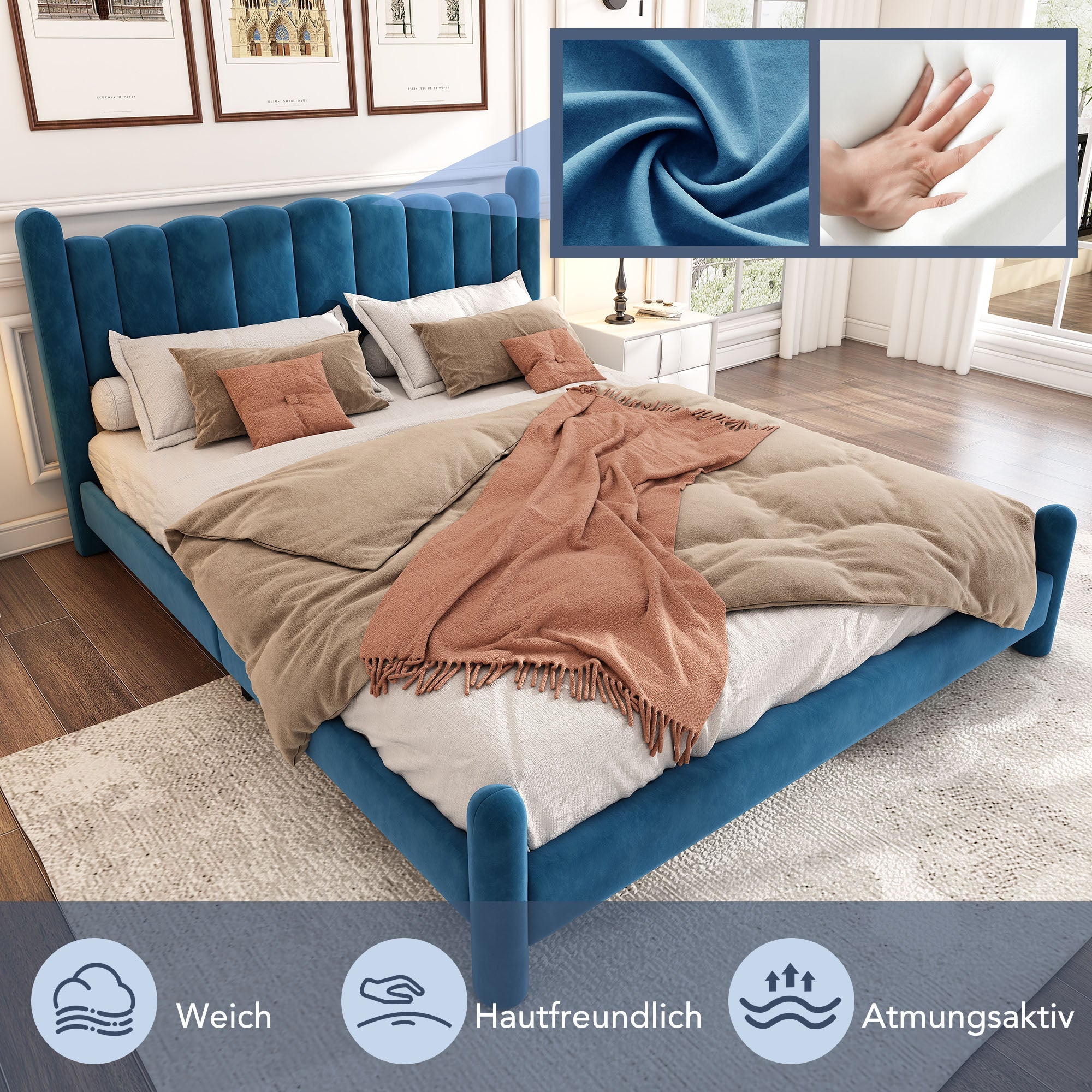 Upholstered Bed with Fan-Shaped Headboard and Slatted Base, 160x200cm, Blue Velvet