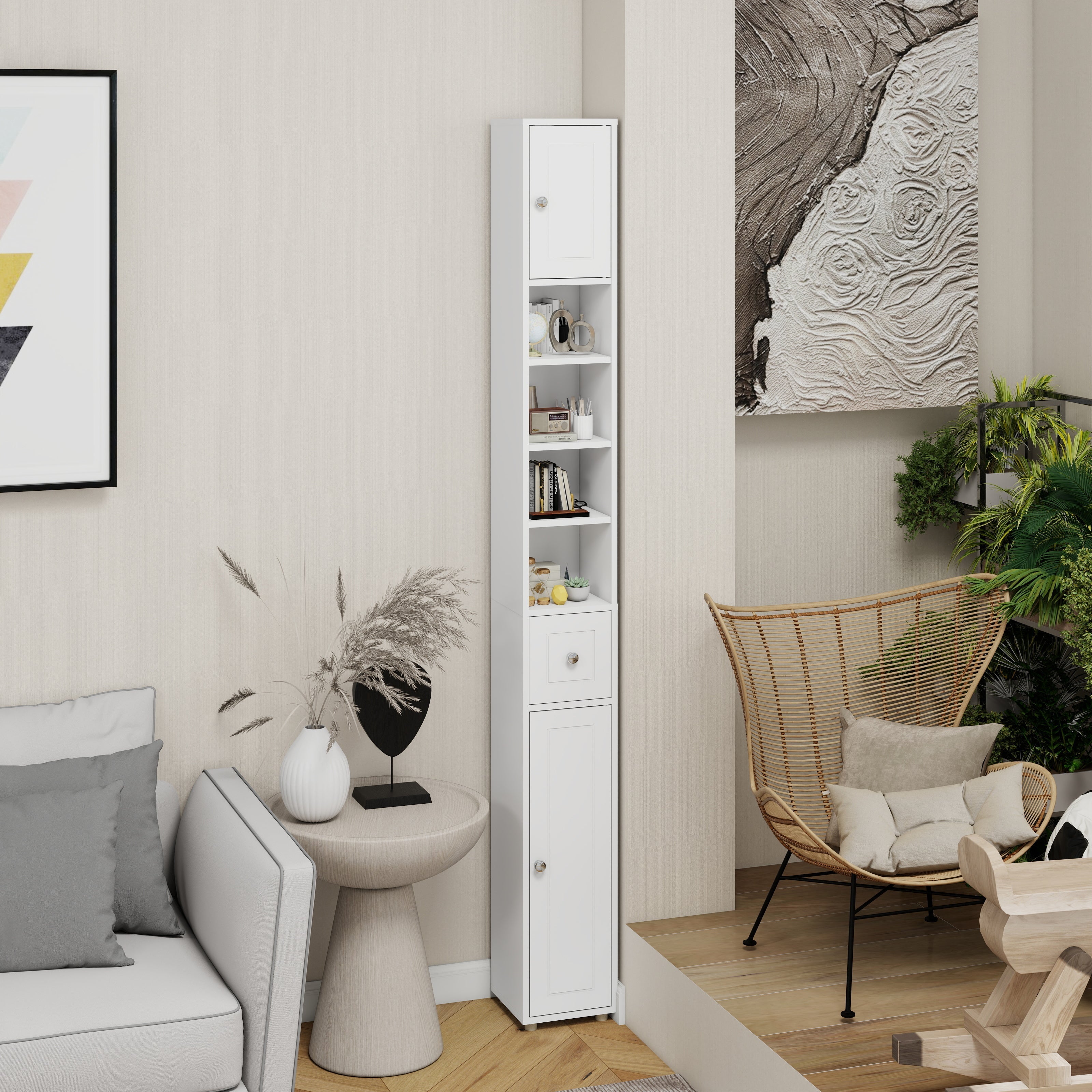 Tall Slim Bathroom Storage Cabinet, 71" Freestanding with 1 Drawer, 2 Doors, 4 Shelves-White