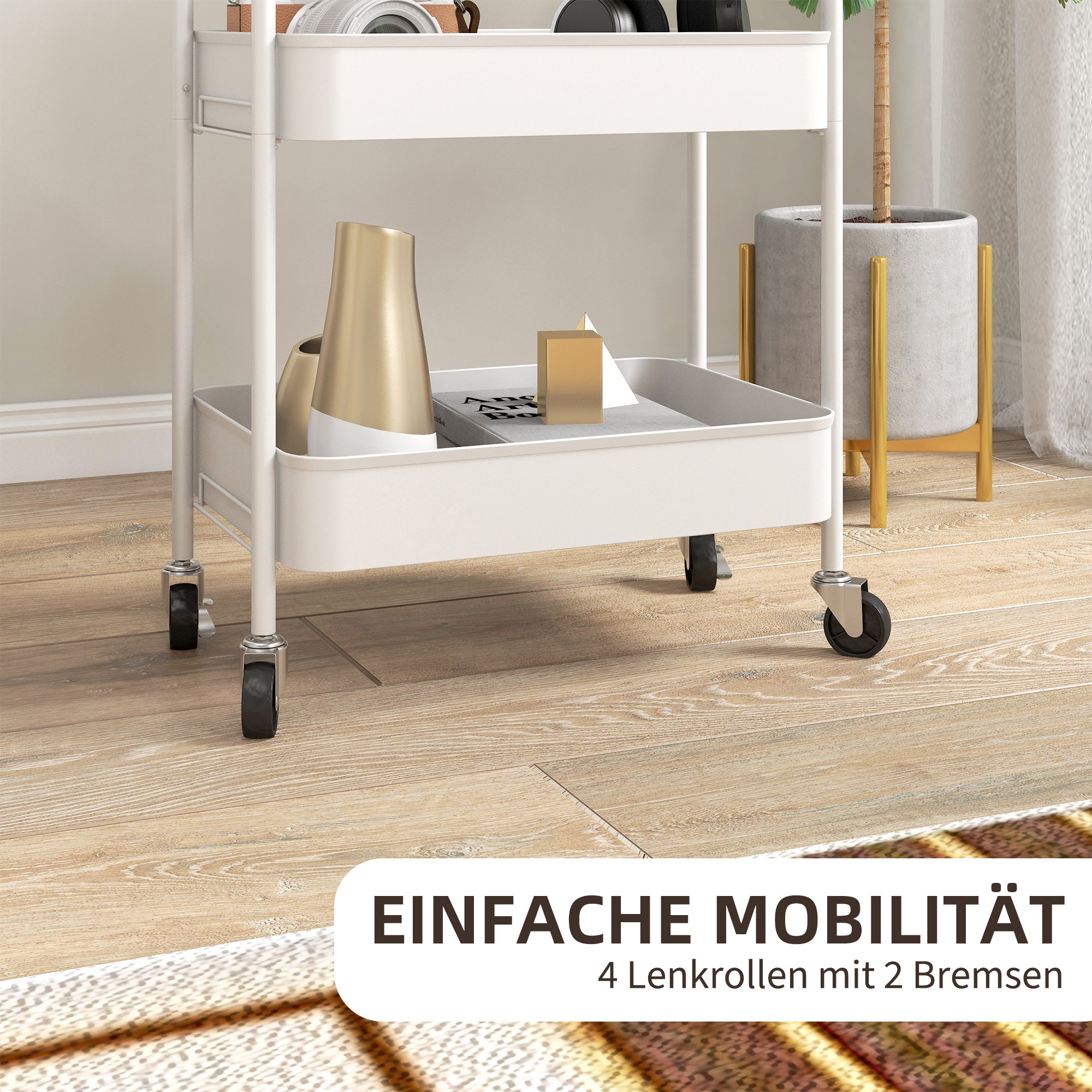 Serving Trolley 3-Shelf Storage Kitchen/Living Room, White Steel