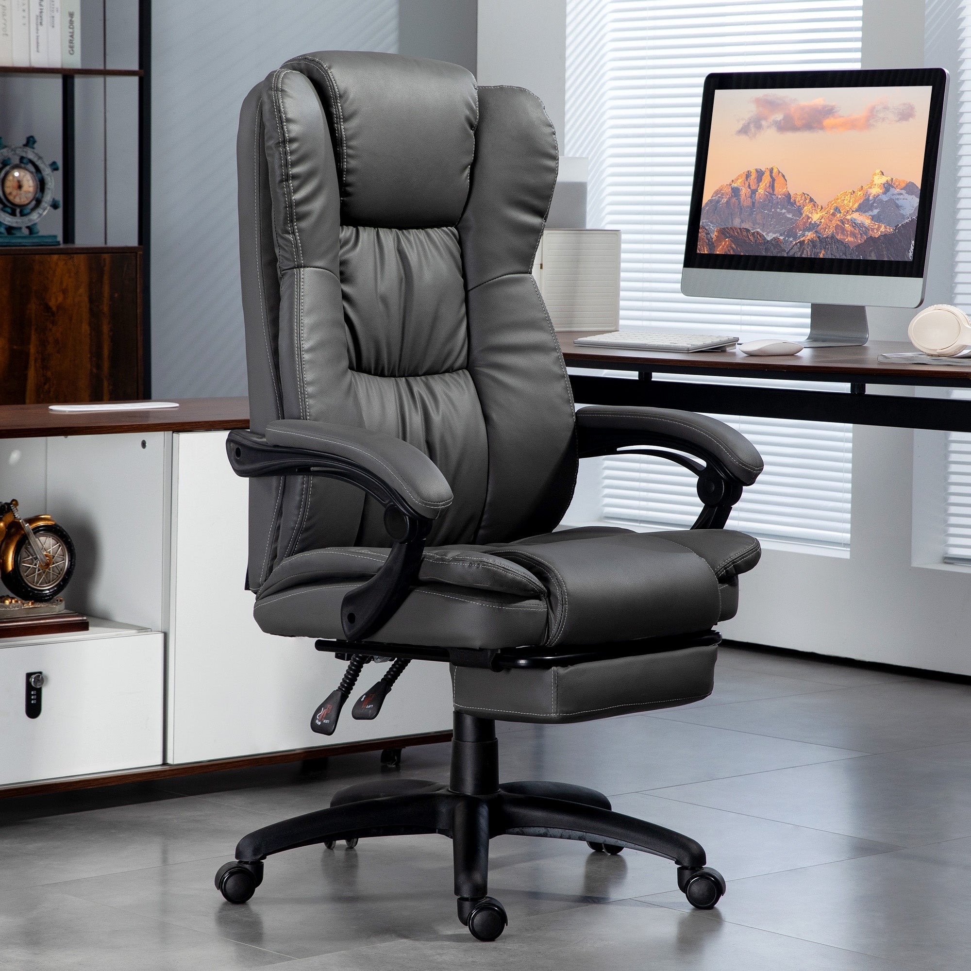 Office Chair Executive Swivel Height Adjustable Footrest Headrest Reclining Massage Dark Grey Faux Leather