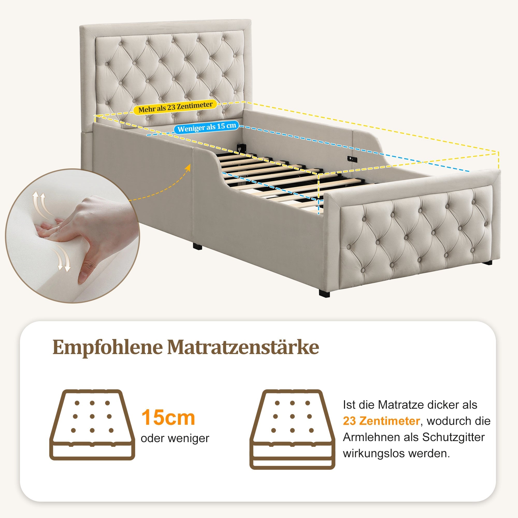 Upholstered Single Bed with Hydraulic Storage and Slatted Base, 90x200cm, Beige Velvet