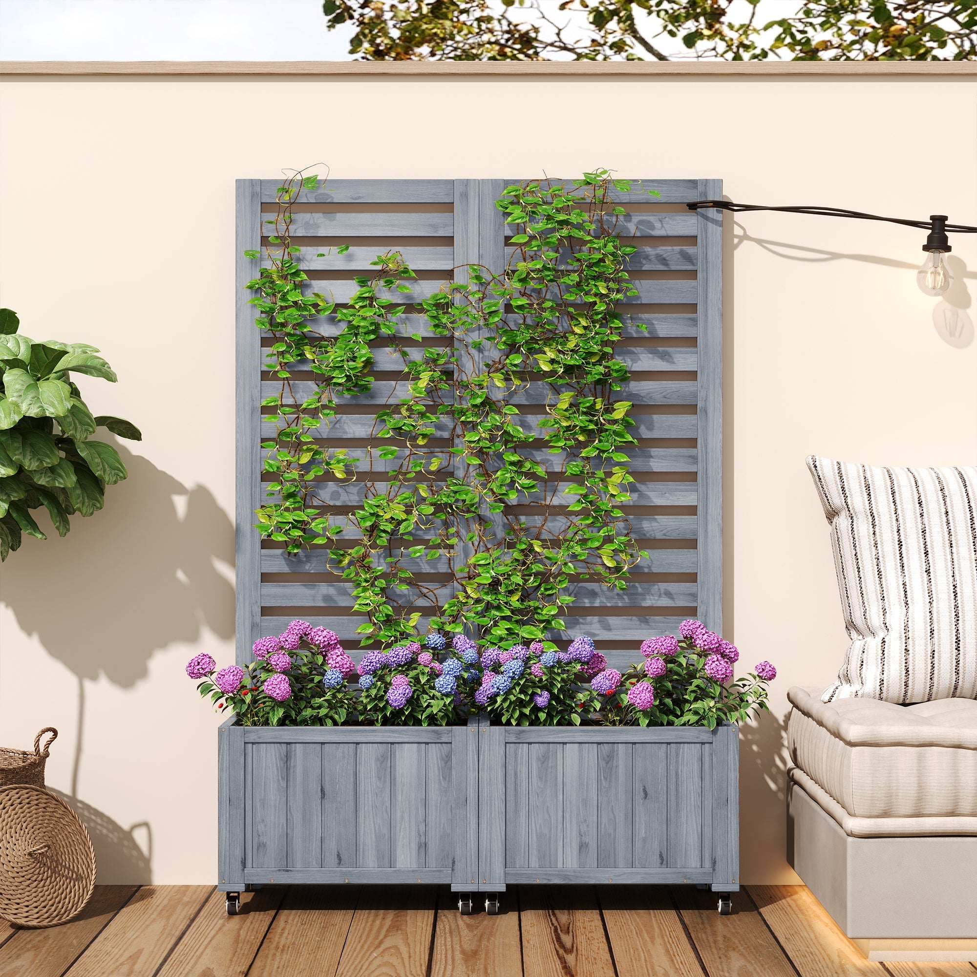 Outdoor Planter with Trellis and Universal Wheels, Grey Wood