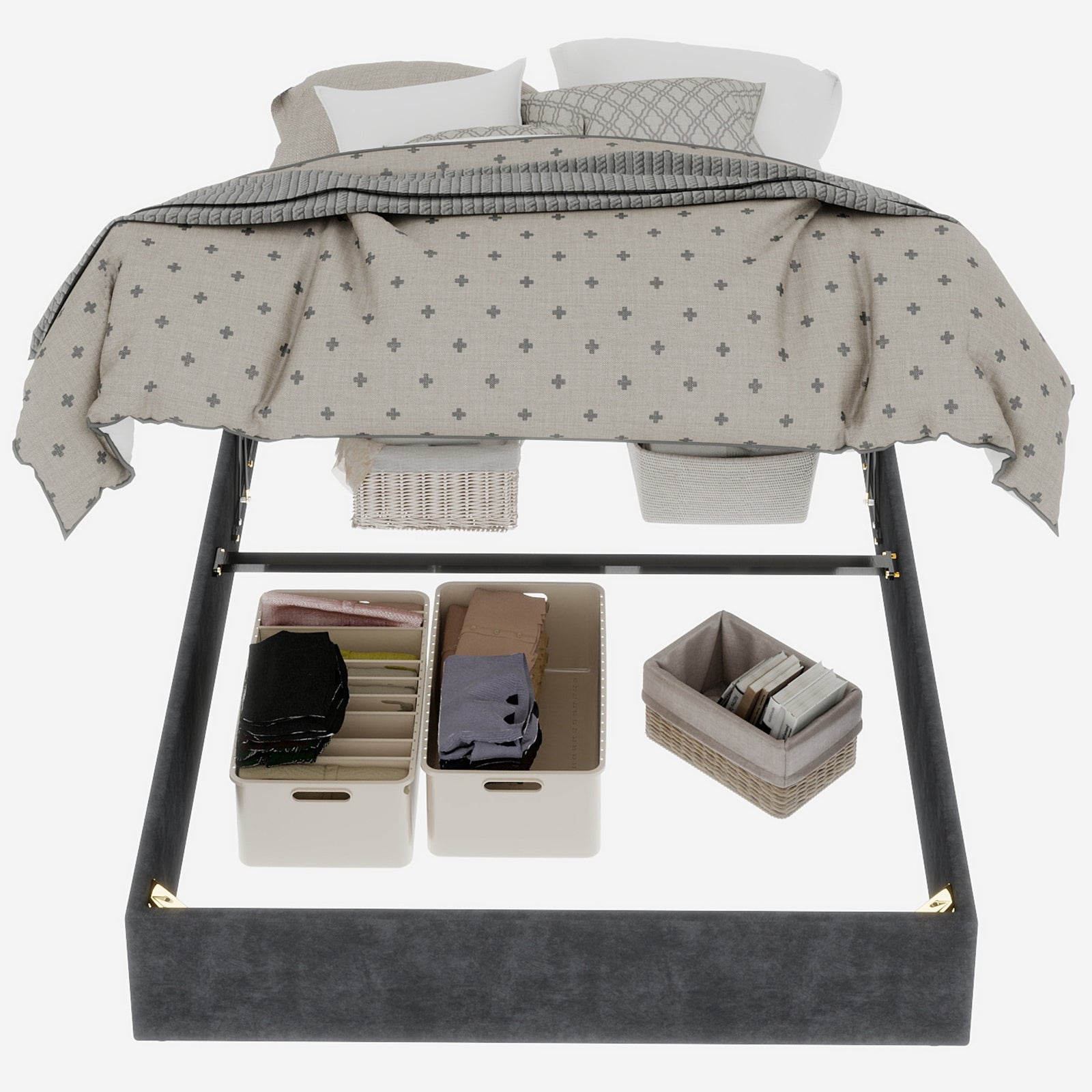 Modern Minimalist Bed Frame, 140*200CM Gas Lift Rods, Gray Dutch Velvet