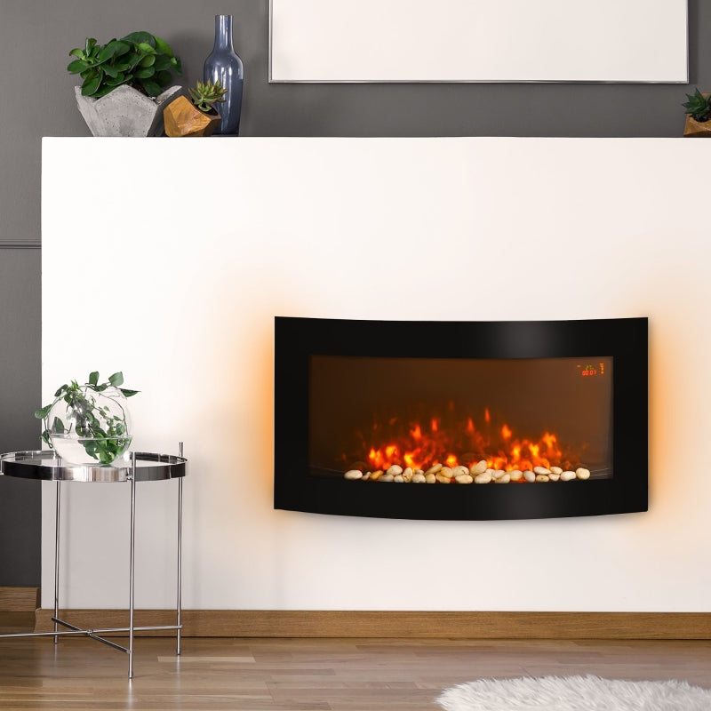 Led Wall Mounted Fireplace, Curved Glass Slimline 1000/2000W 7 Colour Side Lights, Electric Fire Place