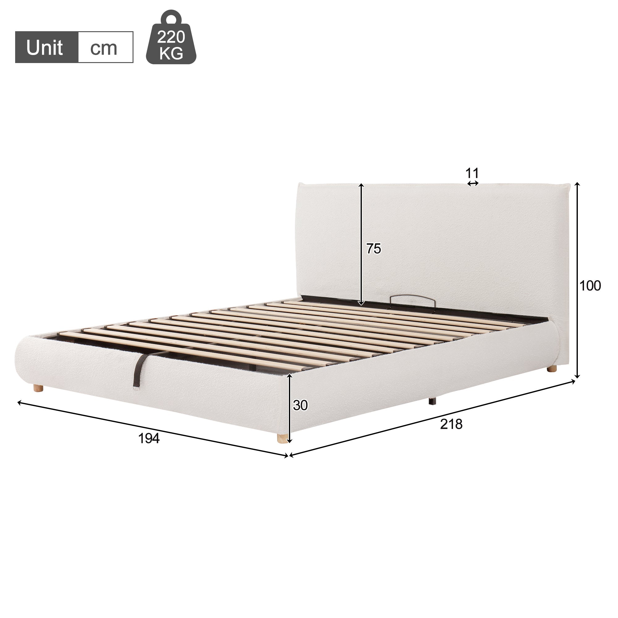 Upholstered Double Bed, 180x200cm Hydraulic Storage Bed with Slatted Frame and Wood Legs, White Bouclé