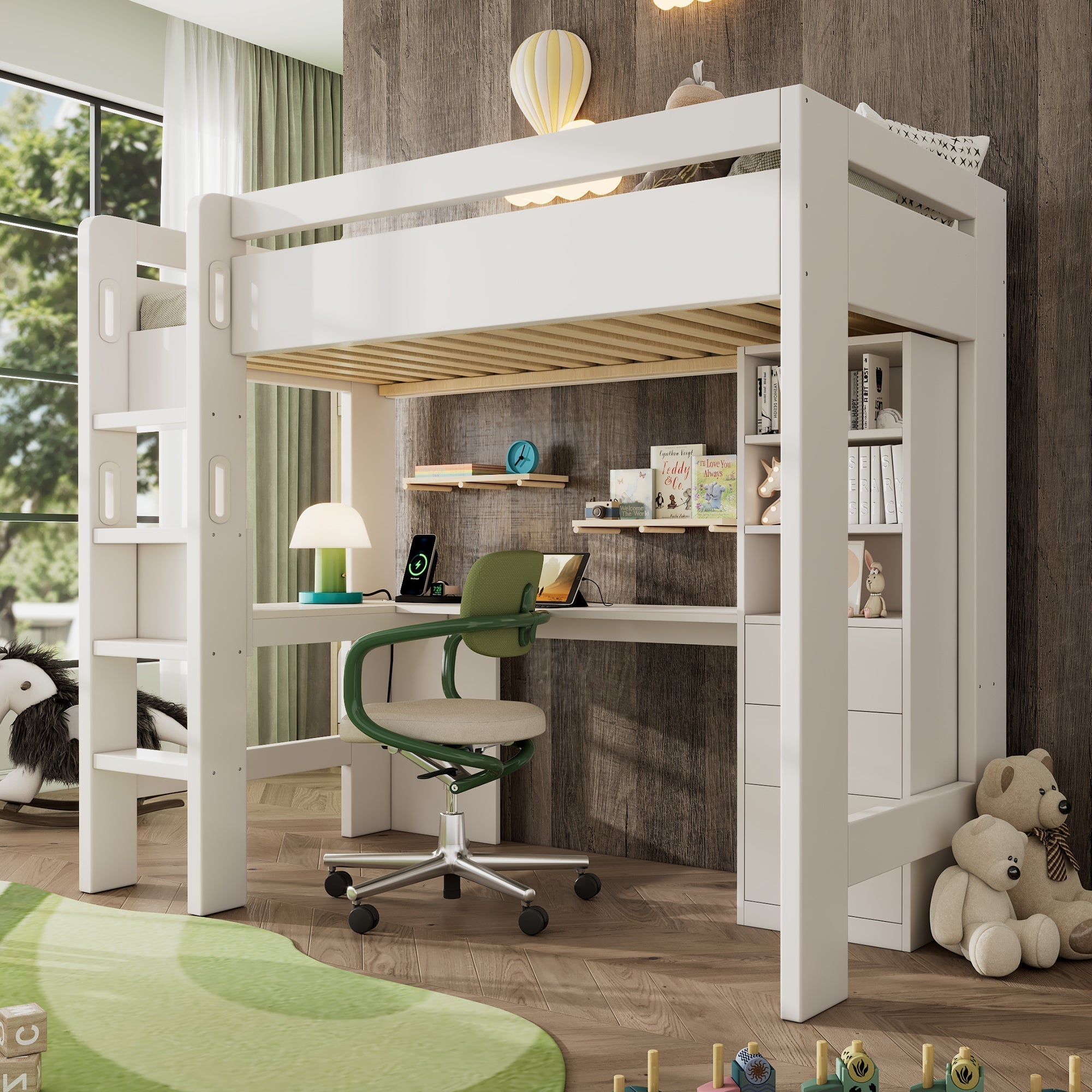 Children’s Loft Bed with Integrated L-Shaped Desk, Storage & Charging Ports - White