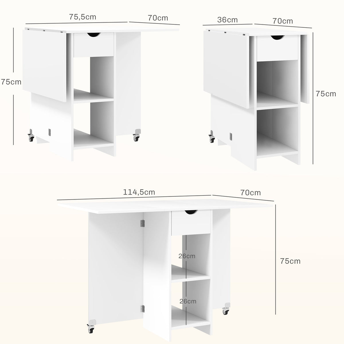 Folding Dining Table, Mobile 2-4 Person Storage Table, White