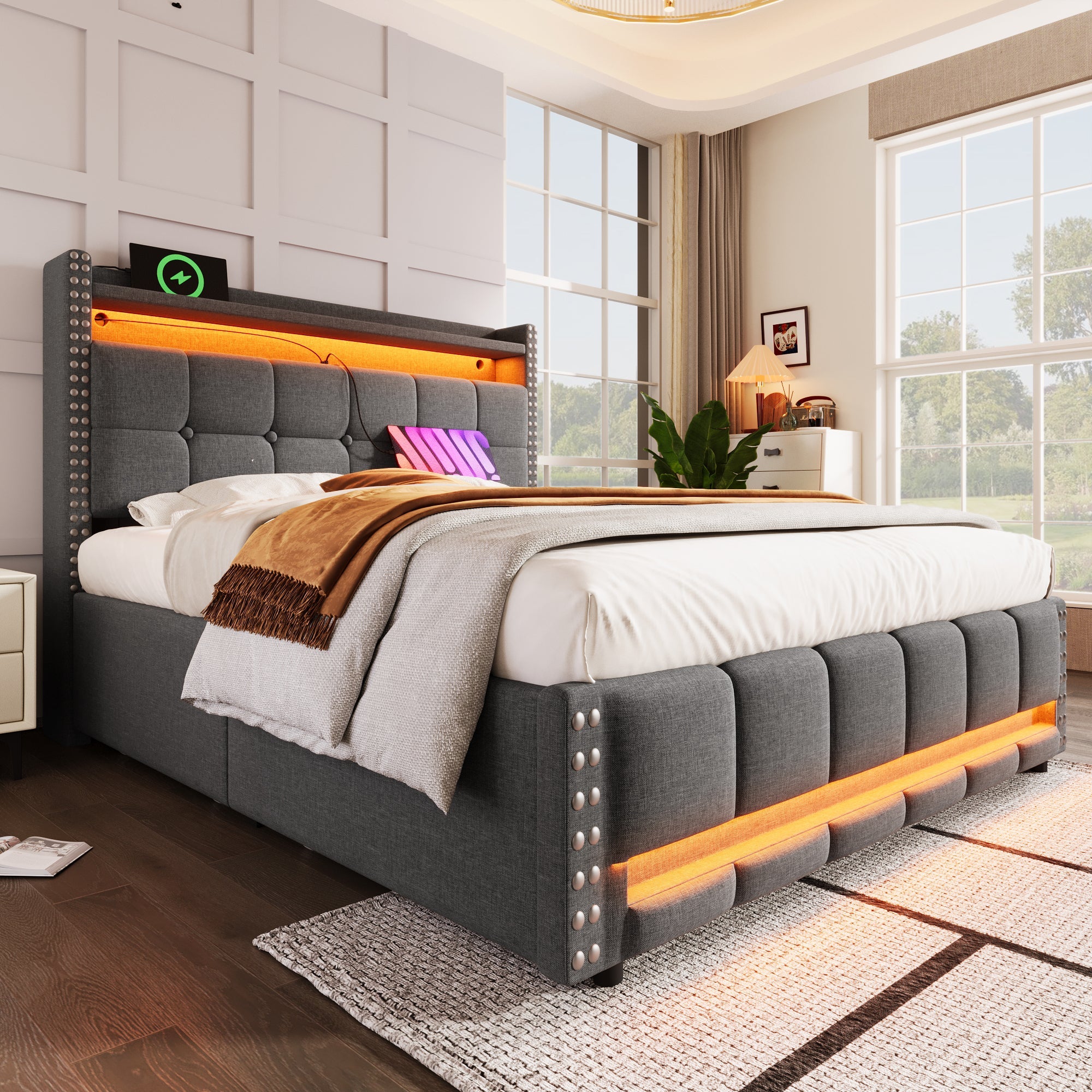 Upholstered Bed 160*200cm, LED & USB, Hydraulic Storage, Linen Fabric Gray