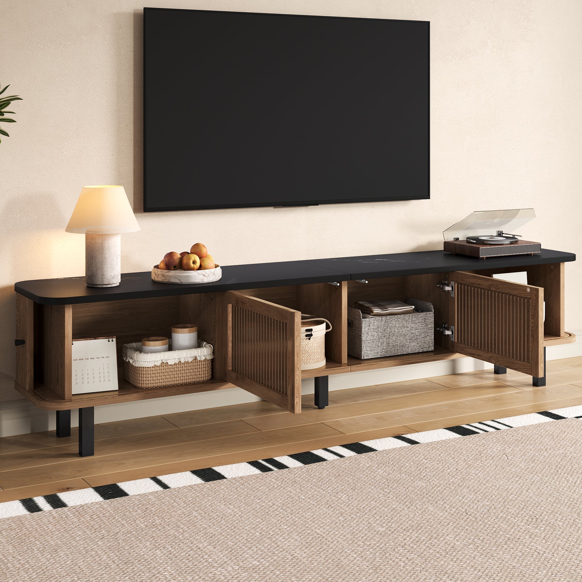 Modern TV Cabinet with Sliding Mesh Doors and Unique Design, Oak Wood Look