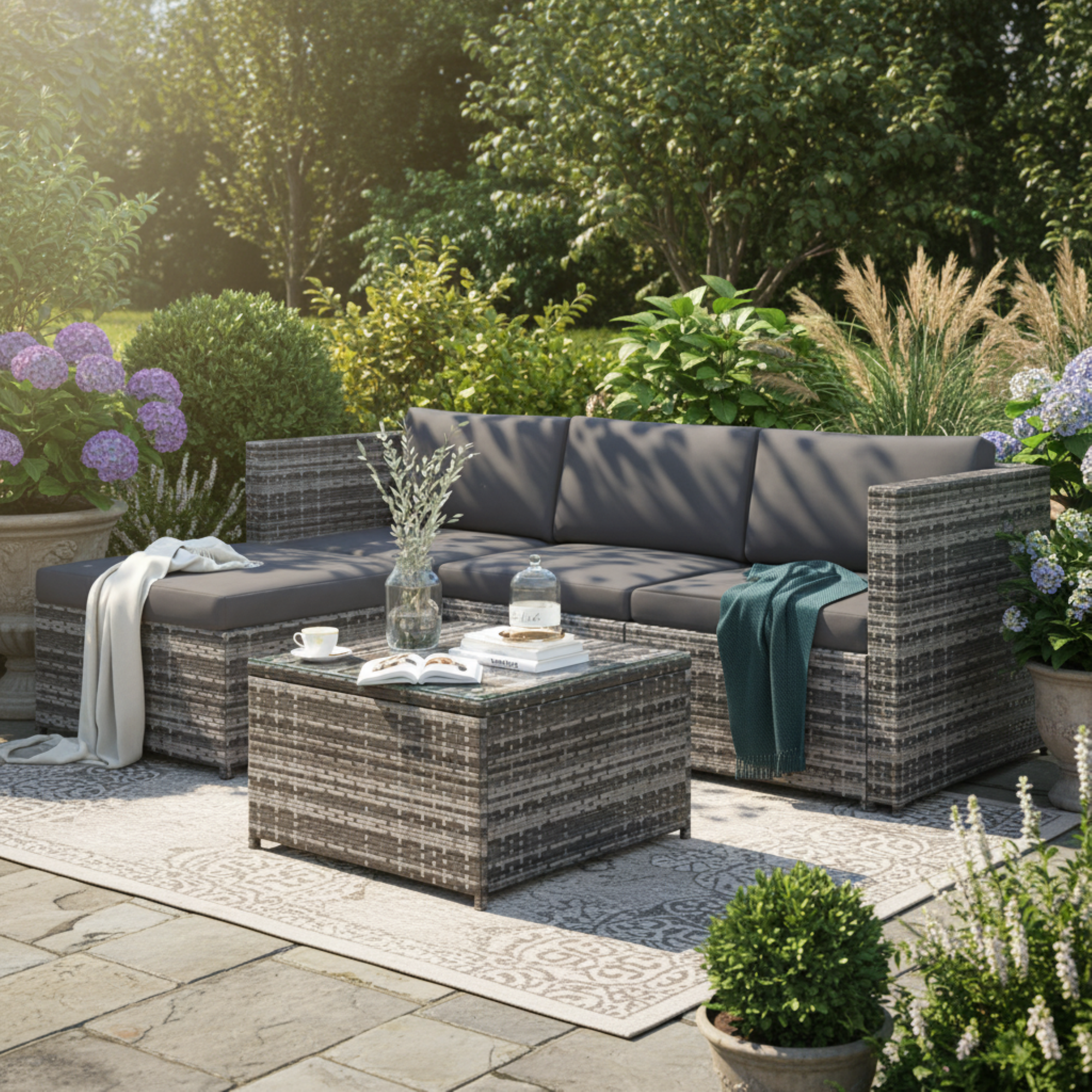 Lounge Sofa Set with Corner Sofa, Cushions and Glass Top Table, Grey Polyrattan