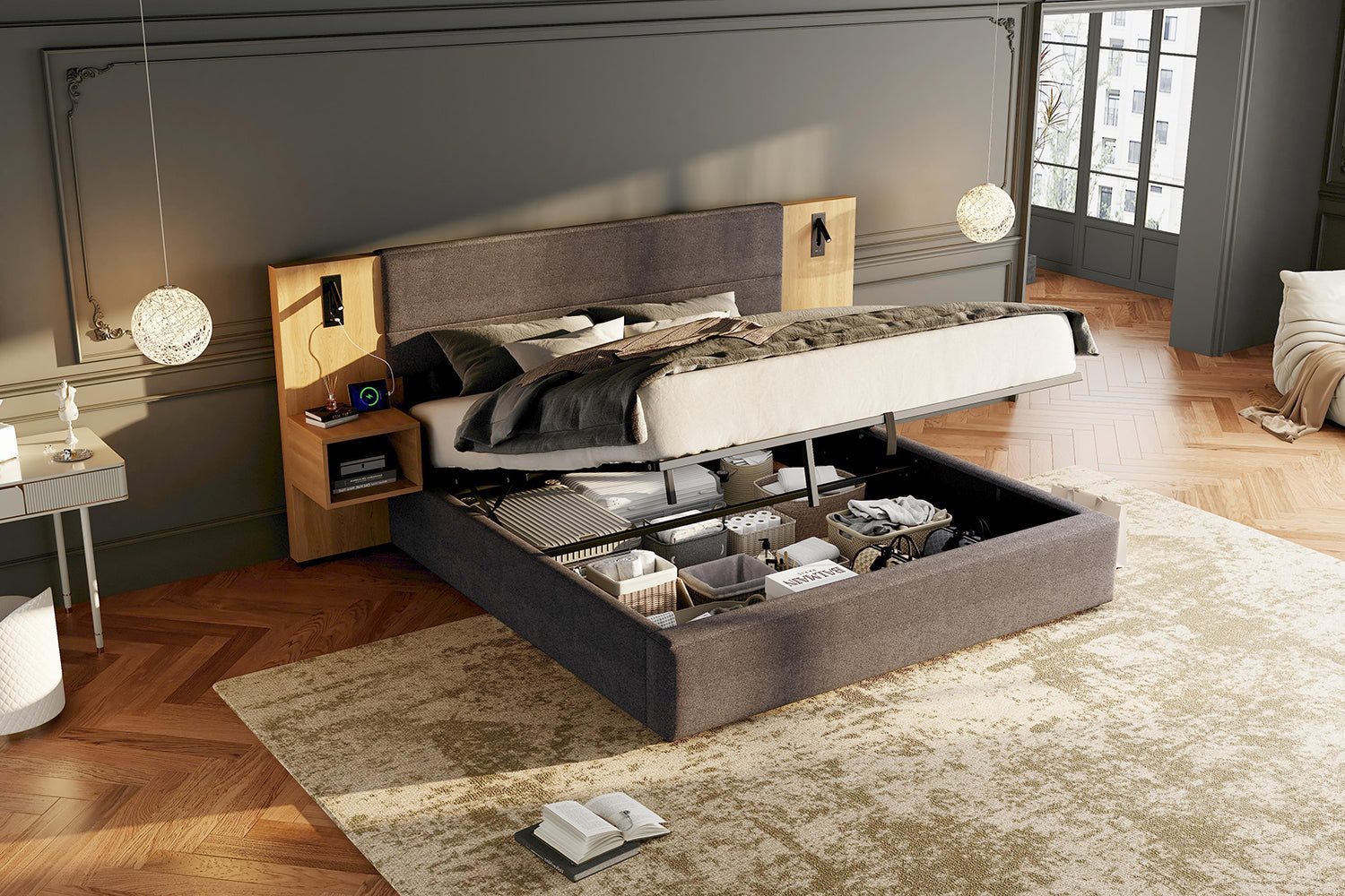 Upholstered Bed 180x200cm Hydraulic Storage USB LED 2 Bedside Tables - Velvet Grey/Natural