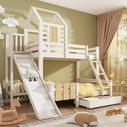 Bunk Bed, 90x200 & 140x200cm, House Loft with Drawer & Slide, Log Cabin Design