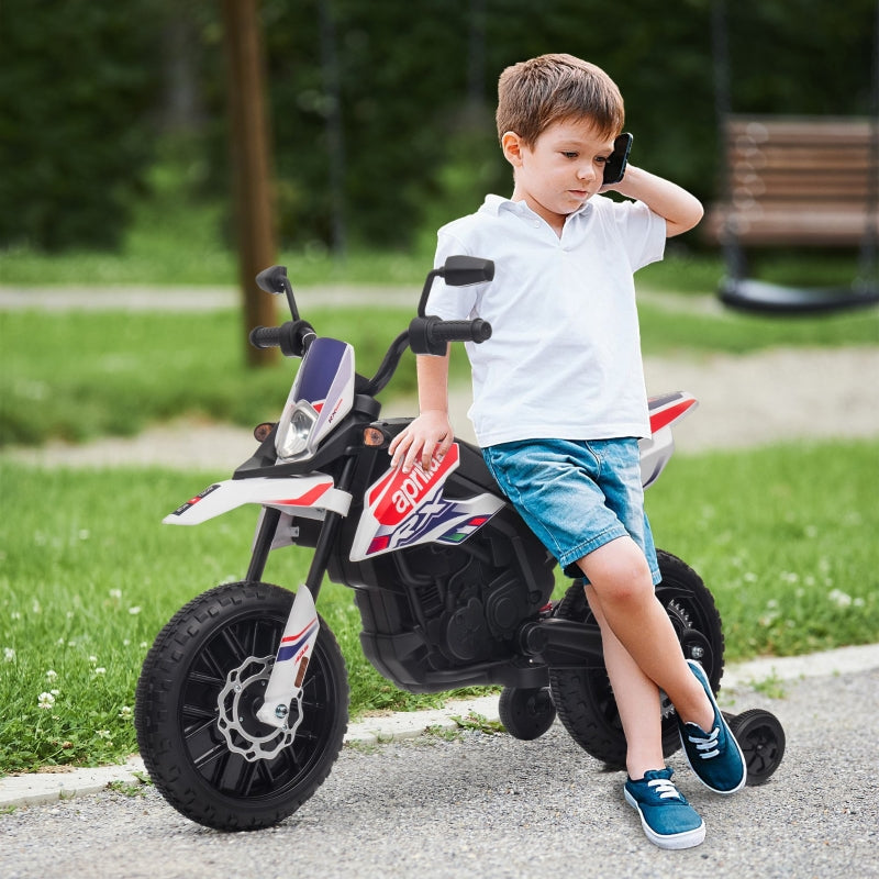 AIYAPLAY Kids' Motorcycle with Training Wheels, LED Lights, Music, USB, 12V, White