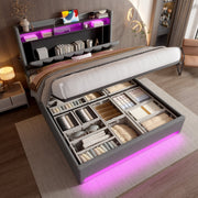 Upholstered Bed Frame 140x200cm, LED, USB-C Charging, Hydraulic Storage Headboard, Grey