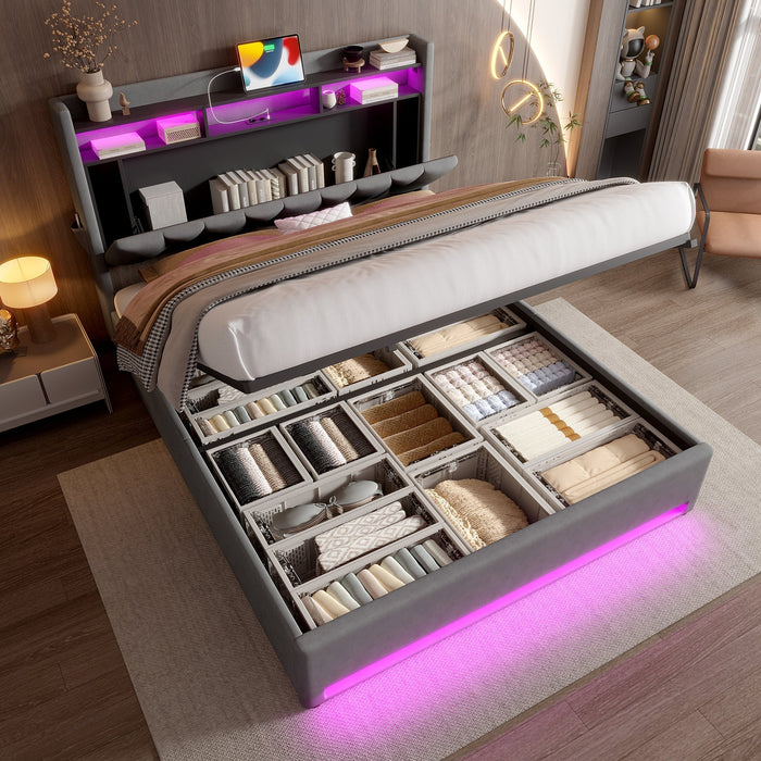 Upholstered Bed Frame 140x200cm, LED, USB-C Charging, Hydraulic Storage Headboard, Grey