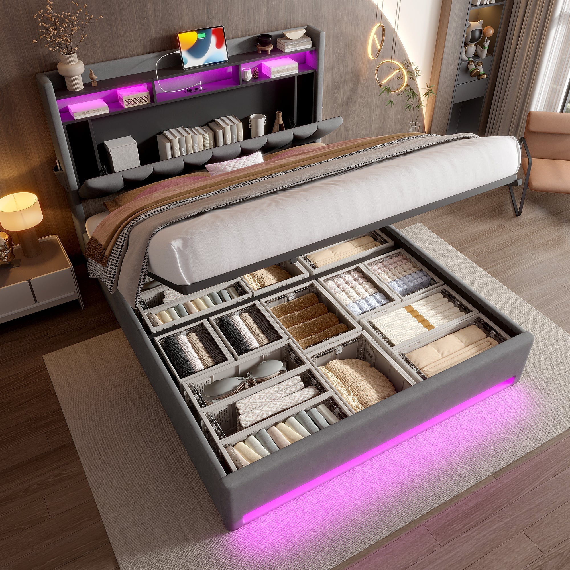 Upholstered Bed Frame 160x200cm LED/USB-C Hydraulic Storage Headboard, Grey
