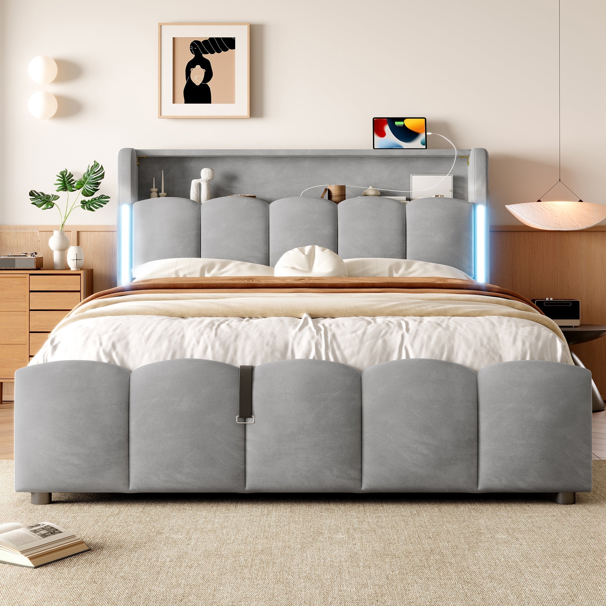 Upholstered Bed 140x200cm Hydraulic Storage LED Headboard USB/Type-C Velvet Grey