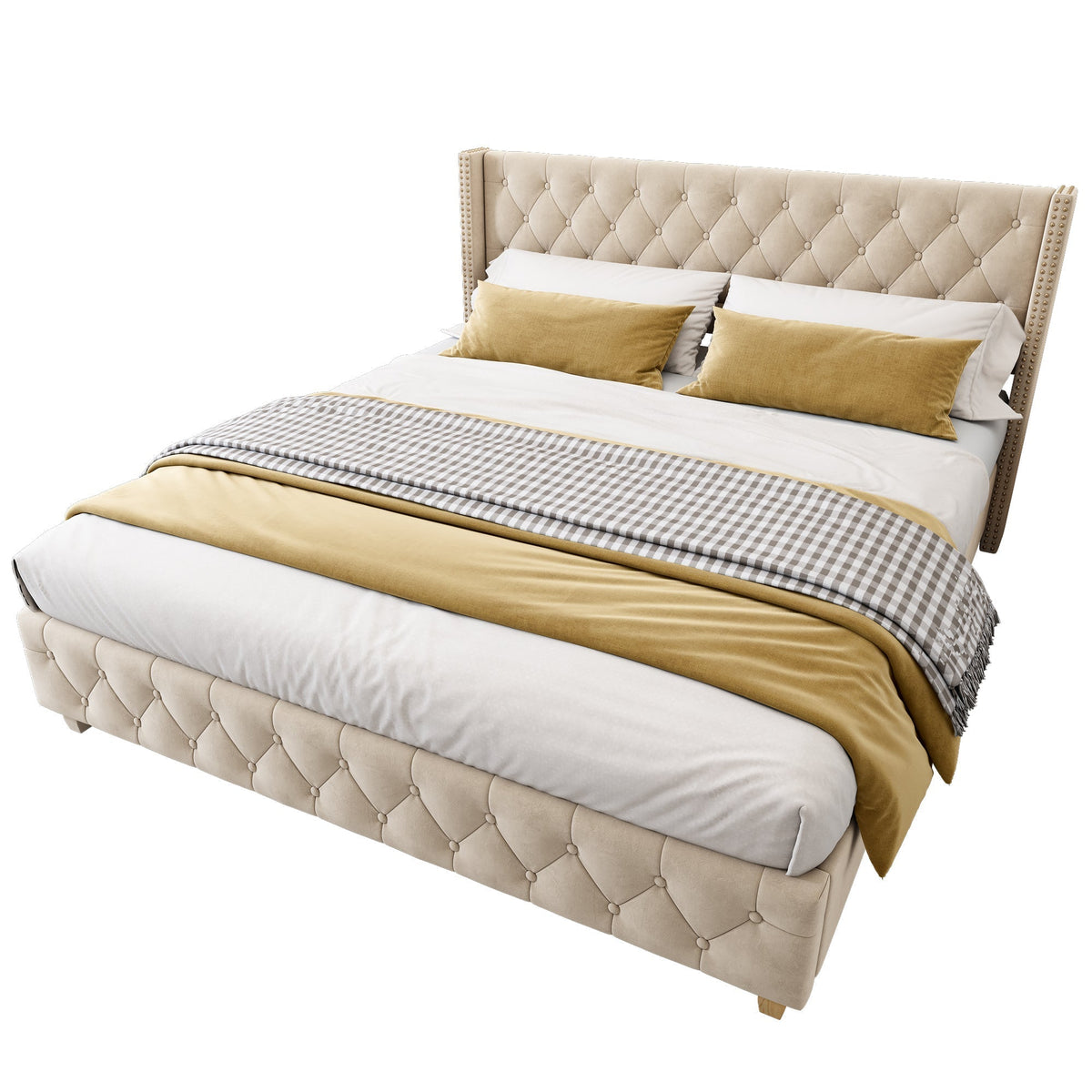 Upholstered Bed 160x200cm Button & Studded Headboard Slatted Frame - Light Beige Velvet