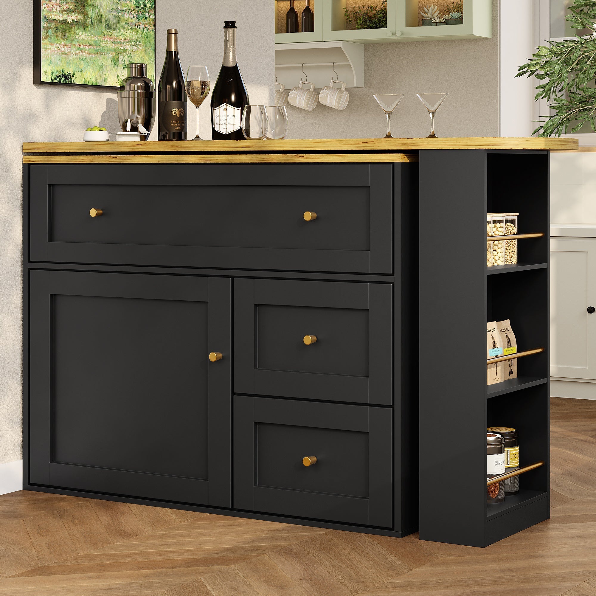 Extendable Bar Table with Storage, Snack Shelf, Kitchen Island - Black