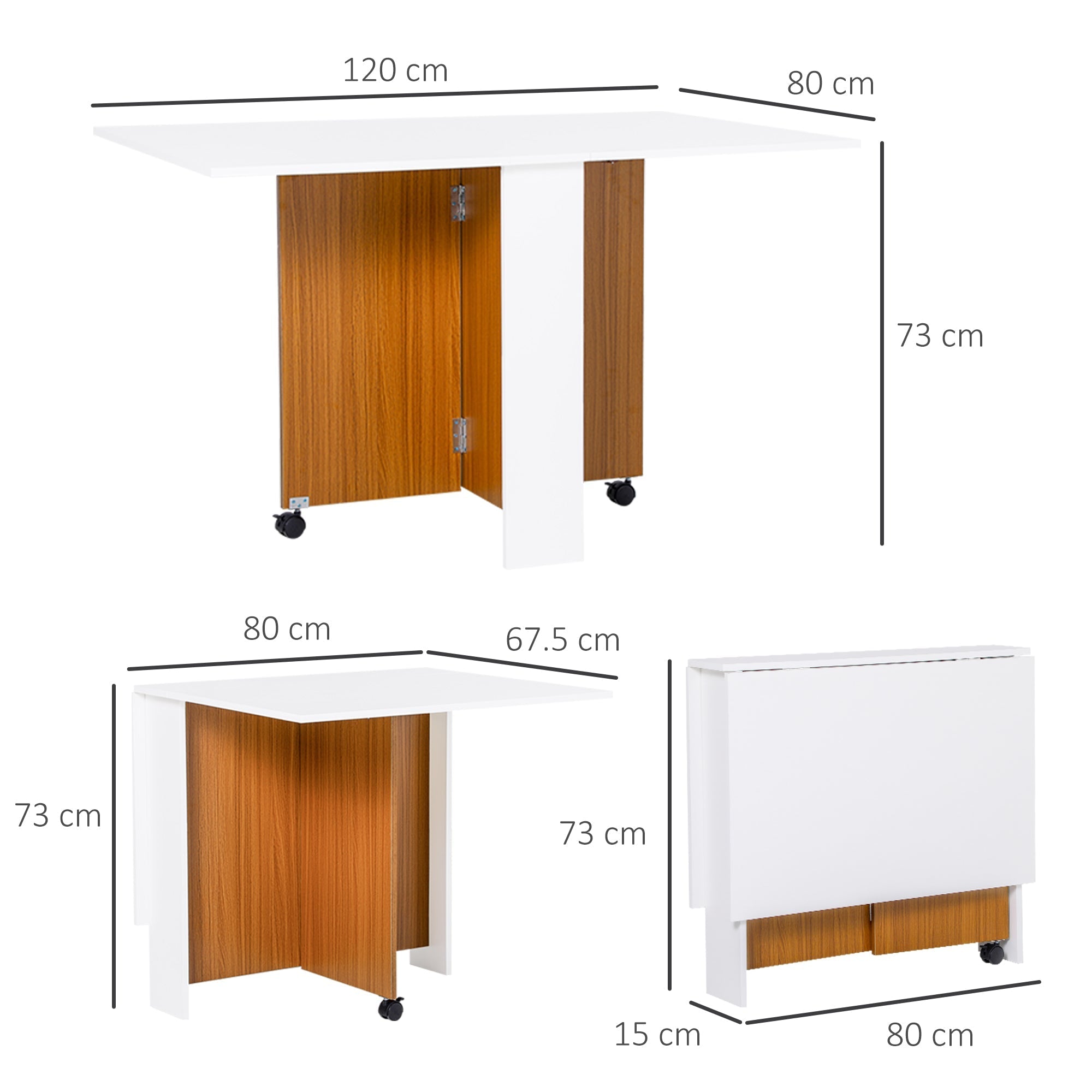 Folding table mobile dining table with folding worktop and castors in white