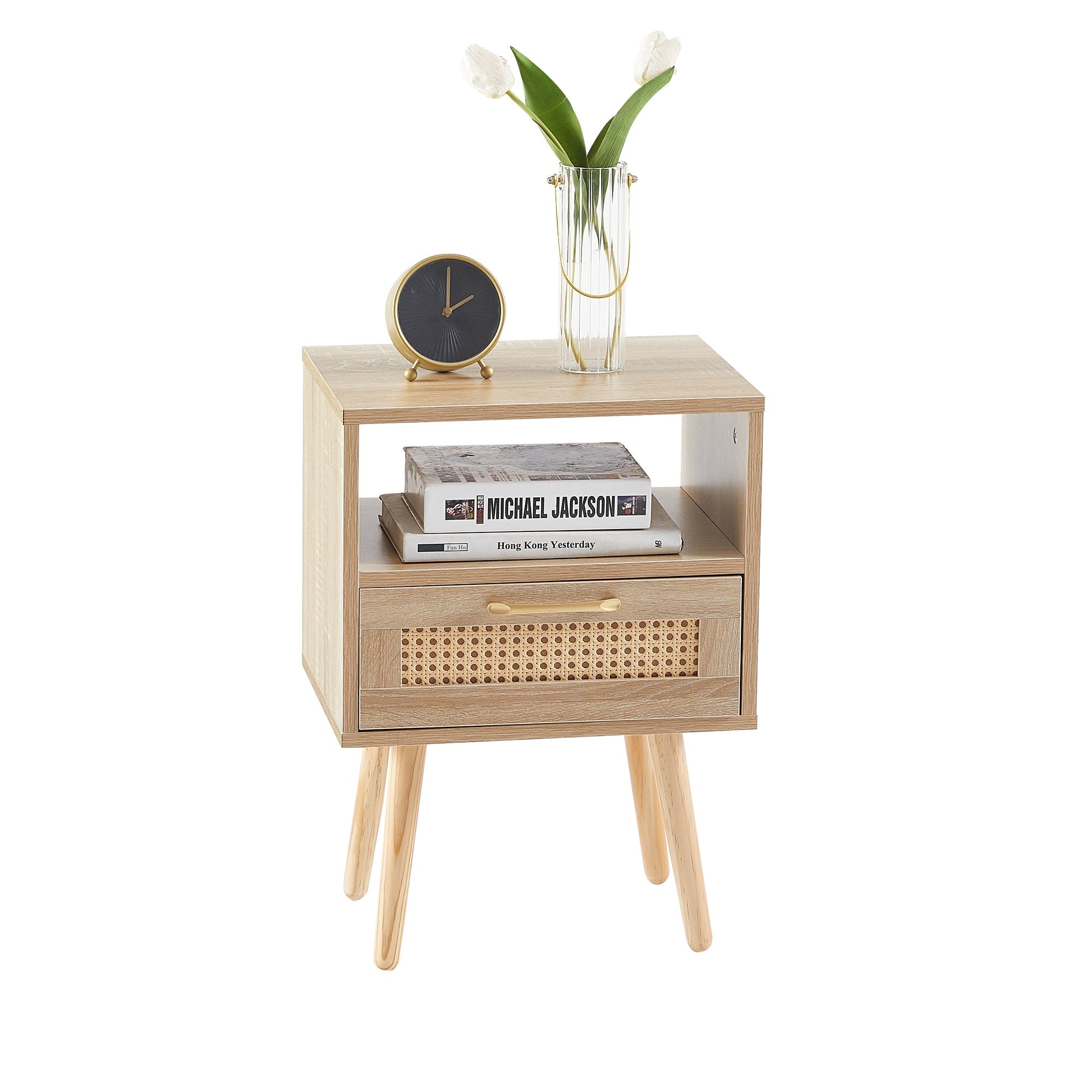 Rattan Side Table Drawer Solid Wood Legs Modern Bedside Natural Wood Look