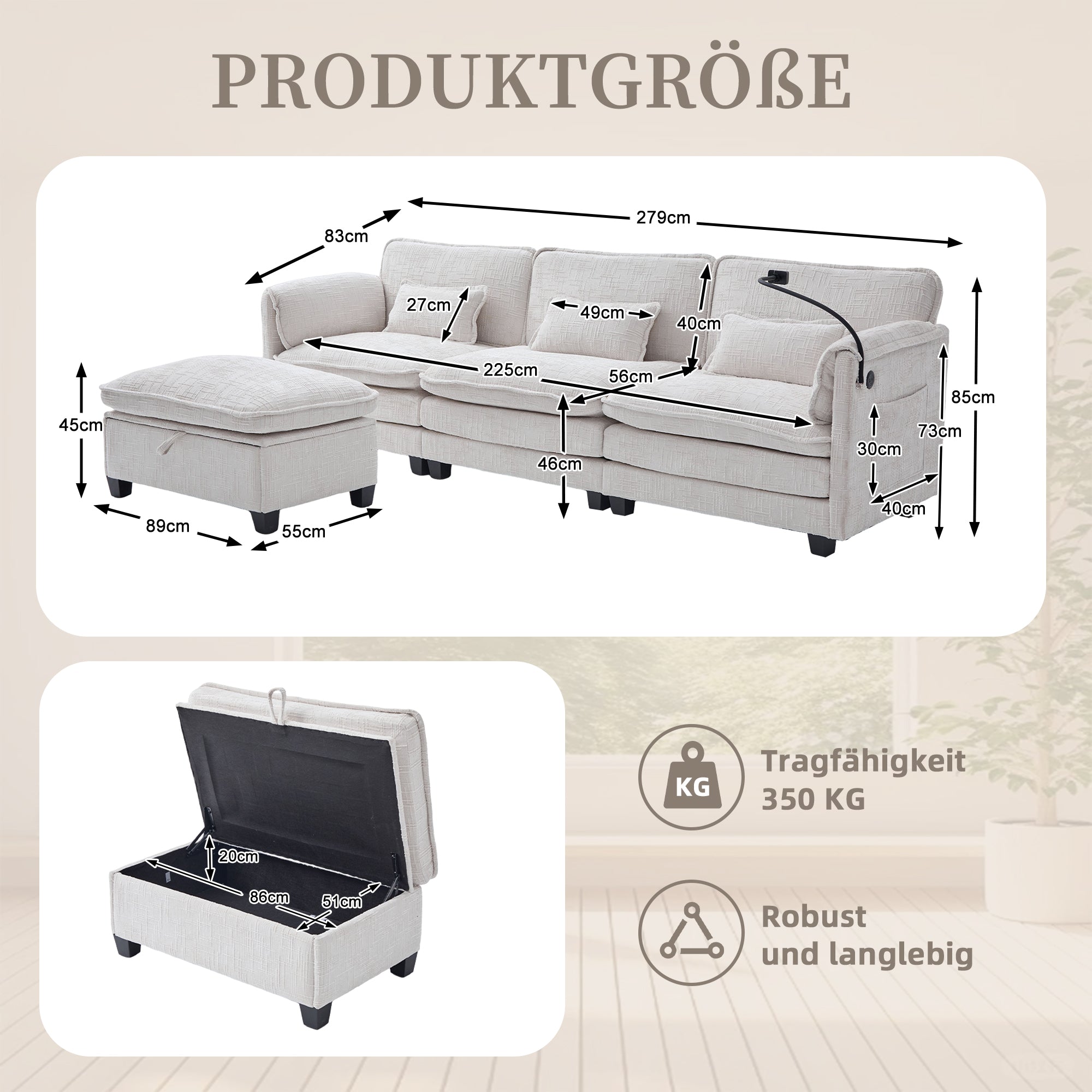 Modern 2-Seater Sofa USB Port Side Pocket Modular Footstool, Chenille Beige